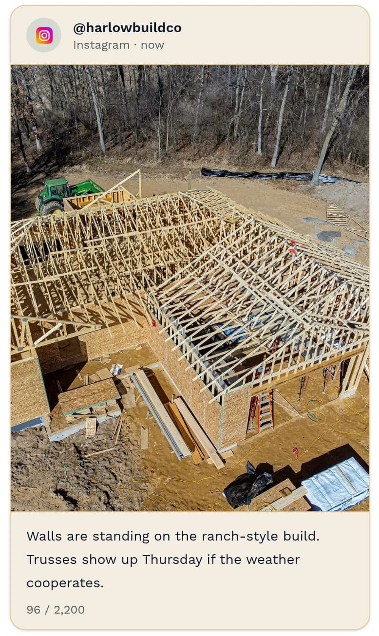 Instagram post preview from @harlowbuildco: wall framing and roof trusses on a ranch-style house under construction. Caption: “Walls are standing on the ranch-style build. Trusses show up Thursday if the weather cooperates.” 96 of 2,200 characters.