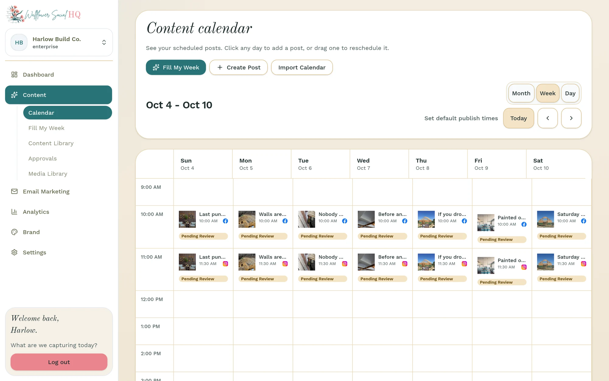 The content calendar in week view for Harlow Build Co., October 4 to 10: a Facebook post at 10 AM and an Instagram post at 11:30 AM every day, each with a job-site photo and a Pending Review label.