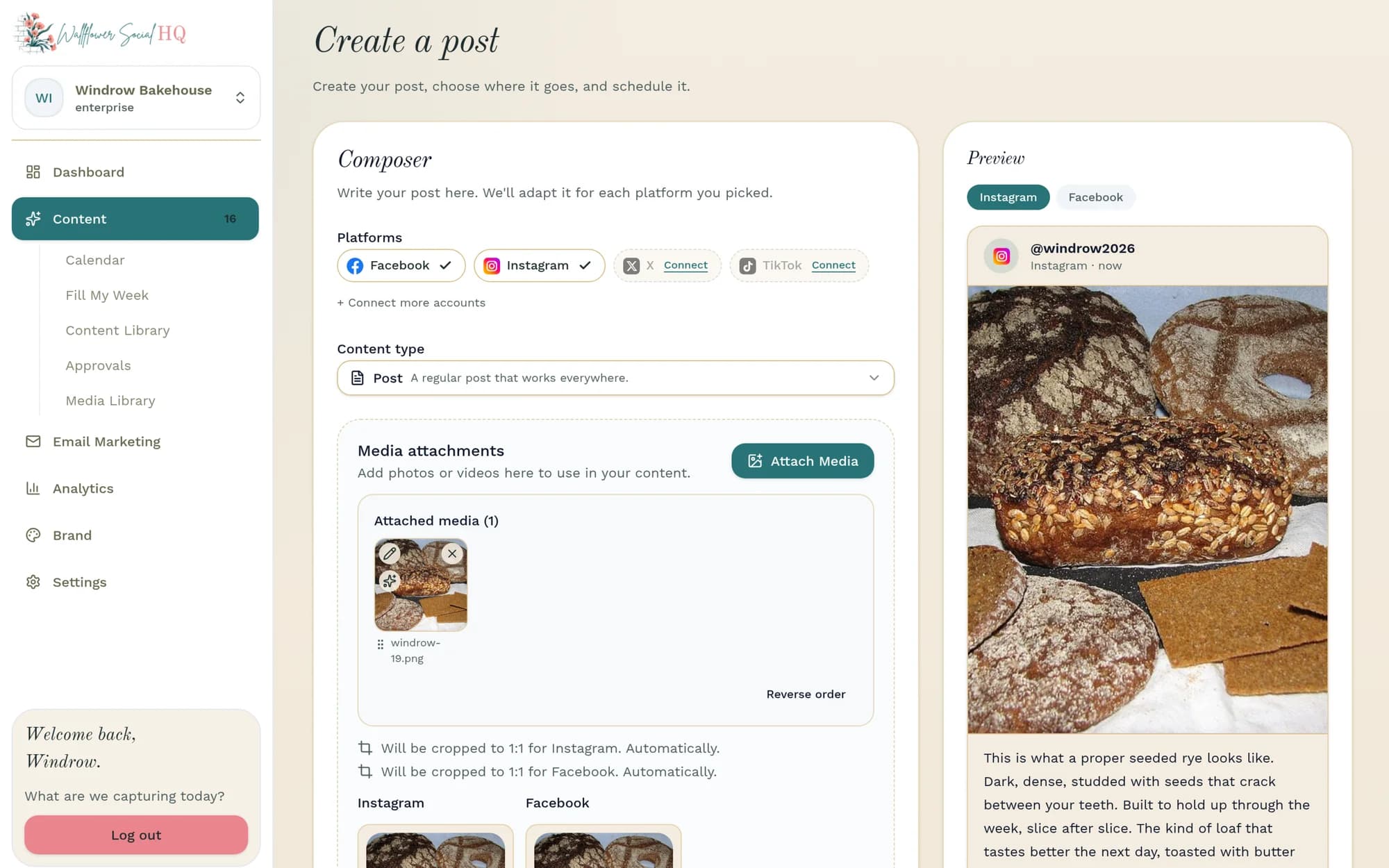 The Create a post screen for Windrow Bakehouse with Facebook and Instagram picked and a photo of seeded rye loaves attached, set to be cropped to 1:1 for each automatically. The Instagram preview shows the photo captioned “This is what a proper seeded rye looks like. Dark, dense, studded with seeds that crack between your teeth.”