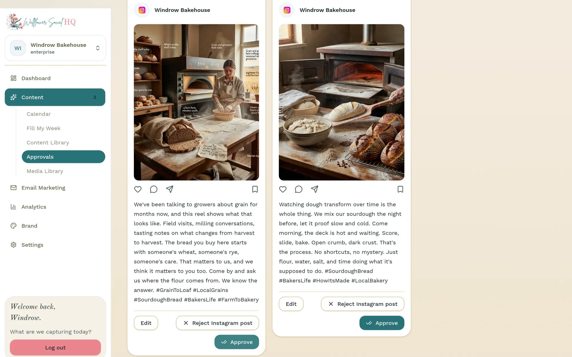 The Approvals queue in the web app for Windrow Bakehouse: two Instagram posts waiting, one of a baker shaping dough by the deck oven and one of a loaf going into the oven on a peel beside cooling sourdough, each with its caption and Edit, Reject Instagram post and Approve buttons.