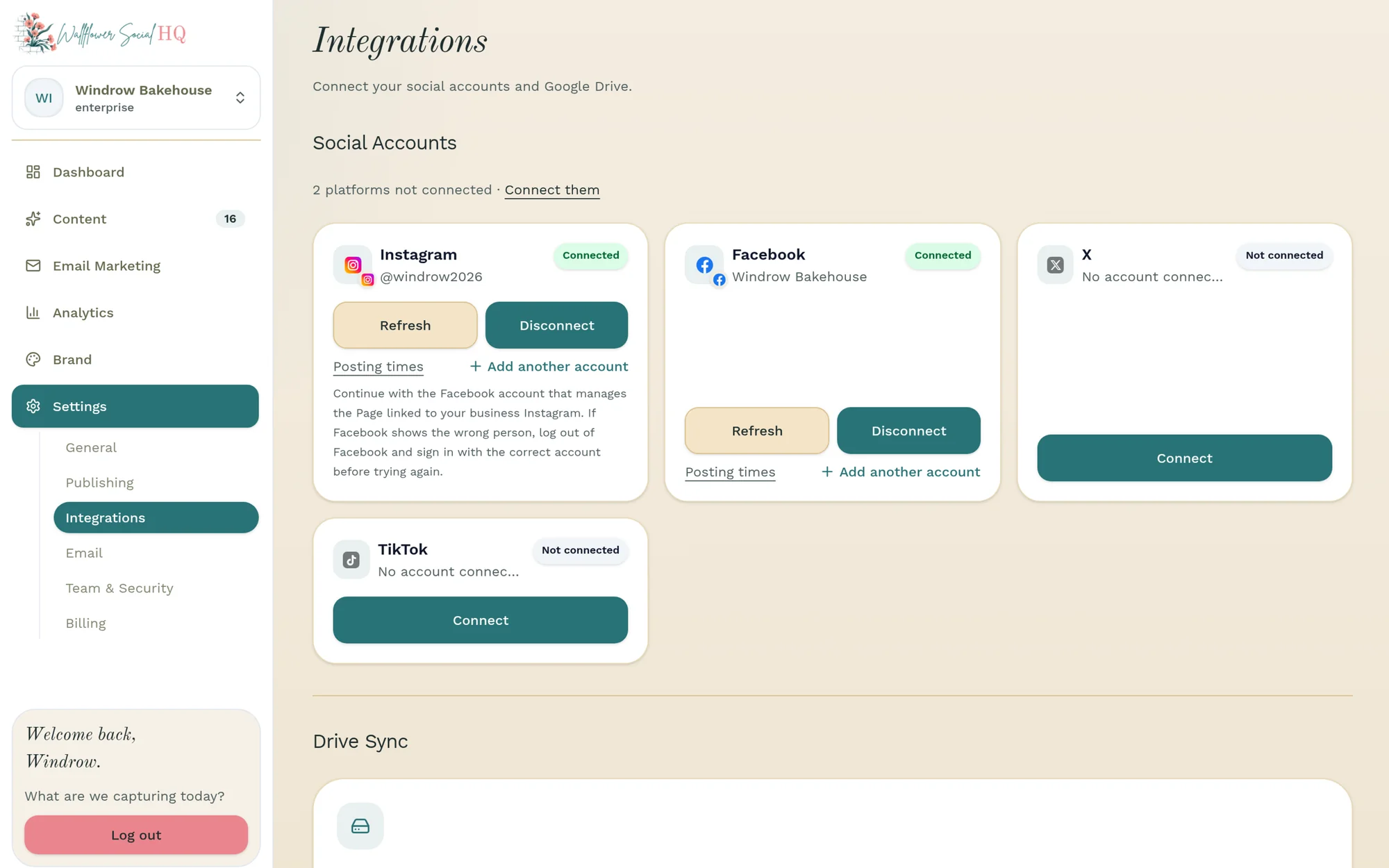 The Integrations settings for Windrow Bakehouse: Instagram (@windrow2026) and Facebook (Windrow Bakehouse) connected, with Refresh, Disconnect and posting-times controls, and X and TikTok ready to connect. Drive Sync starts below.