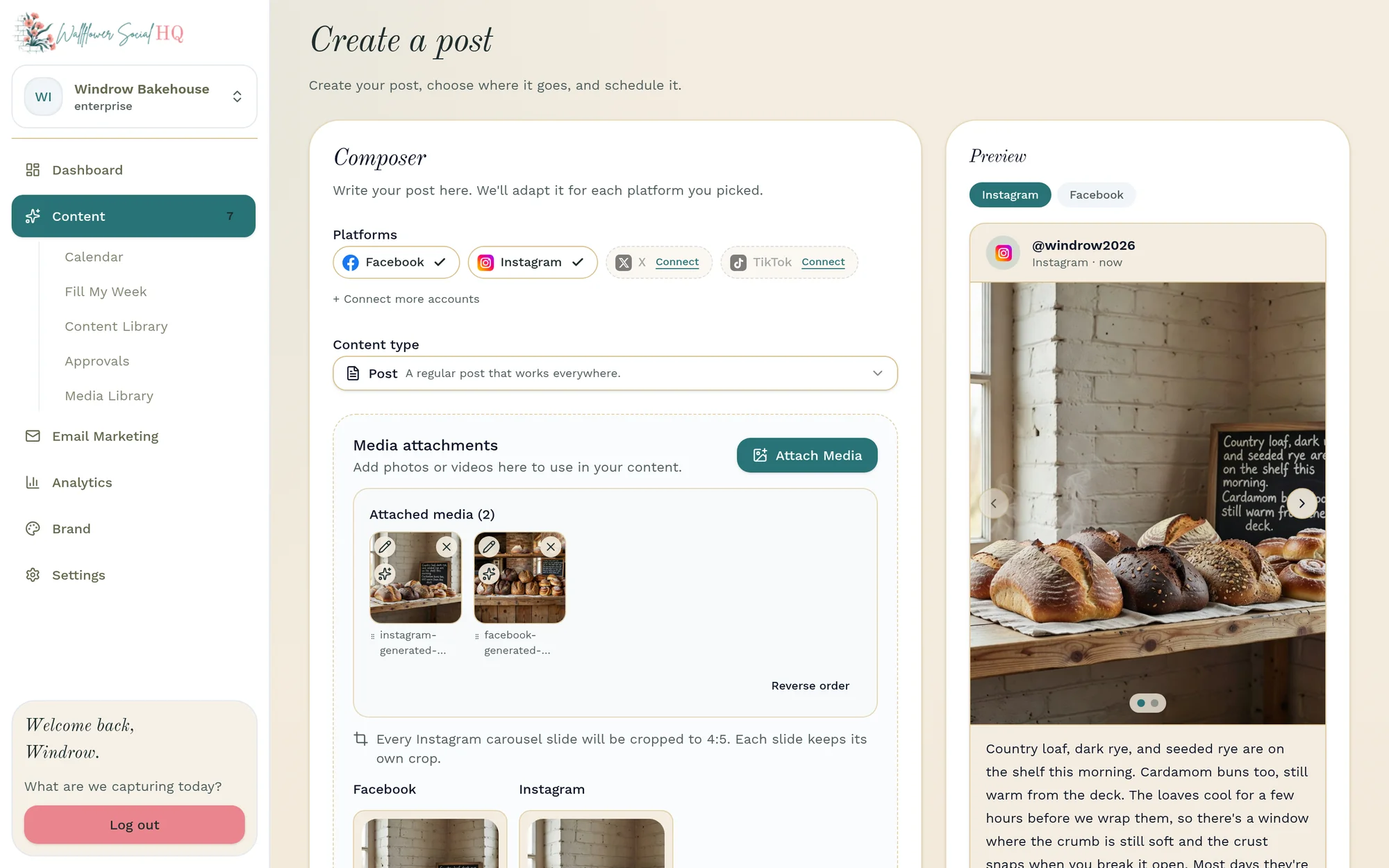 The Create a post screen for Windrow Bakehouse with Facebook and Instagram picked and two made-for-you images attached, instagram-generated and facebook-generated, both of country loaves on a wooden bakery shelf under a chalkboard. The Instagram preview shows them as a two-slide carousel captioned “Country loaf, dark rye, and seeded rye are on the shelf this morning. Cardamom buns too, still warm from the deck.”