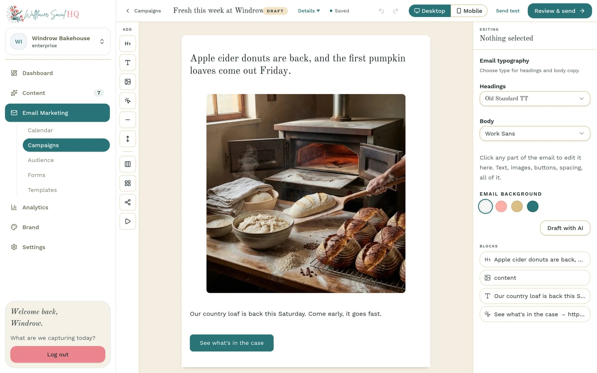 The email campaign editor with a Windrow Bakehouse draft: a headline about apple cider donuts and pumpkin loaves, a photo of fresh loaves by the bread oven and a “See what's in the case” button, with heading, body font and background choices in the side panel.