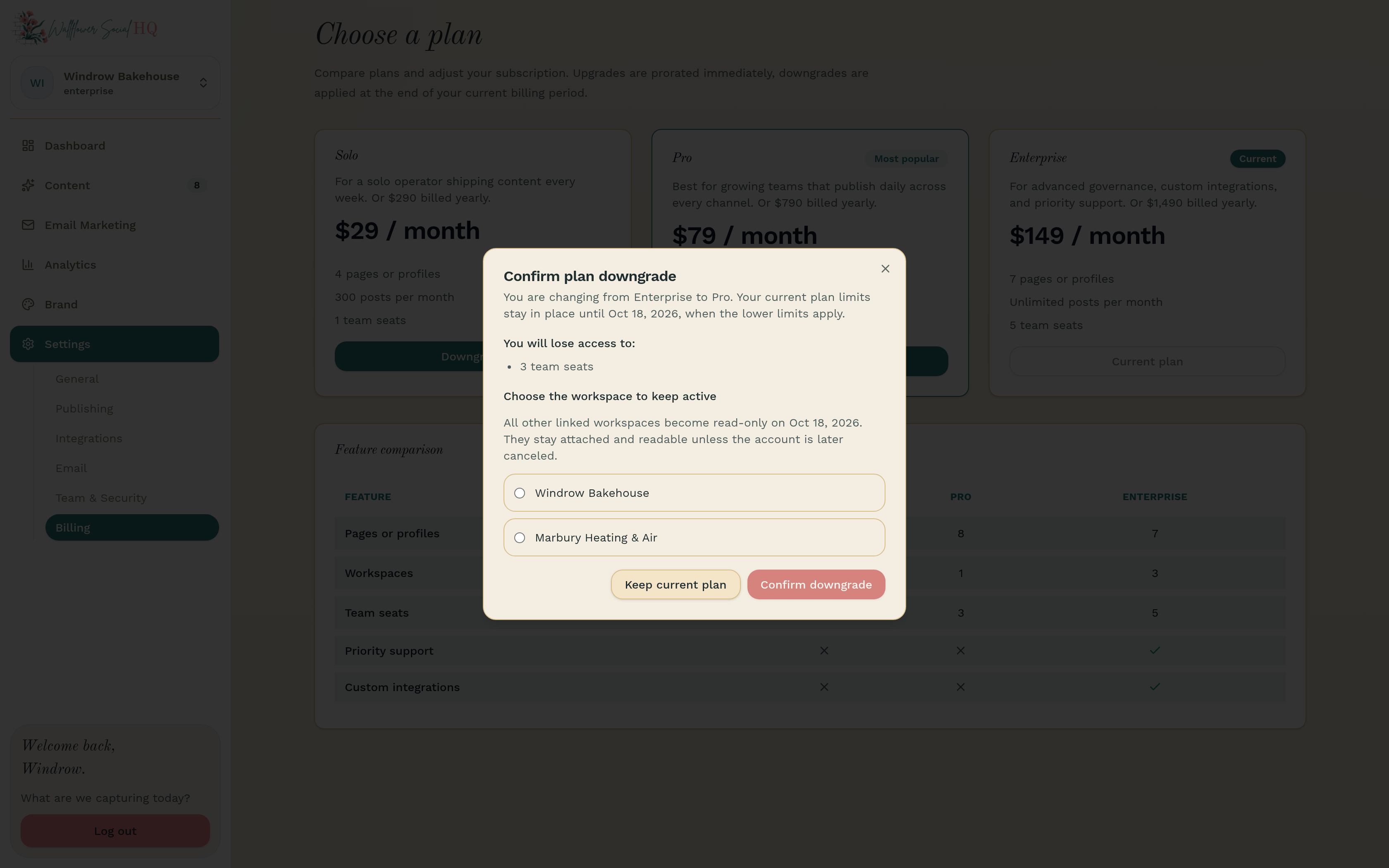 Confirm plan downgrade dialog with the keep choices and the Keep current plan button