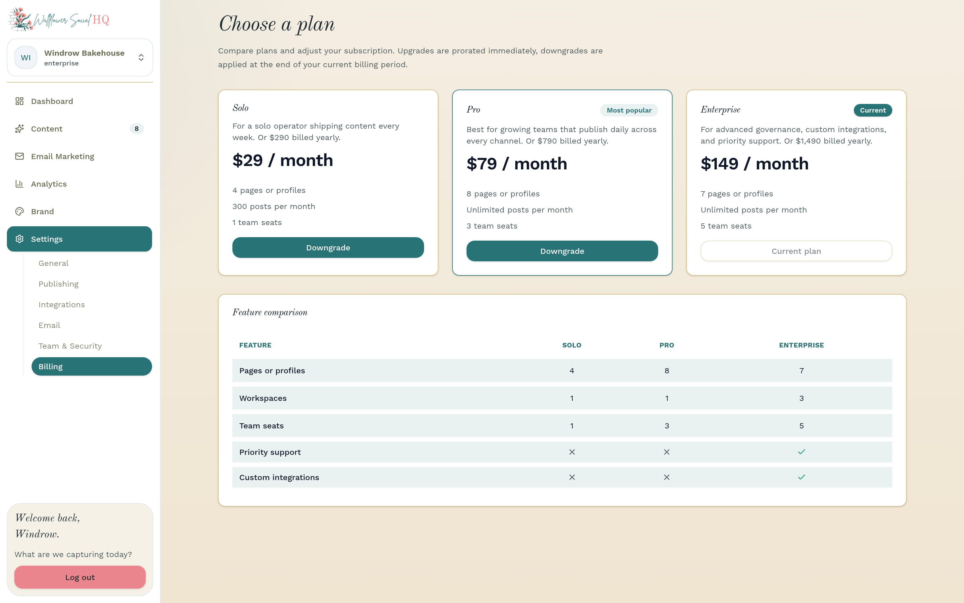 Choose a plan page for Windrow Bakehouse with the three plans and the Current badge