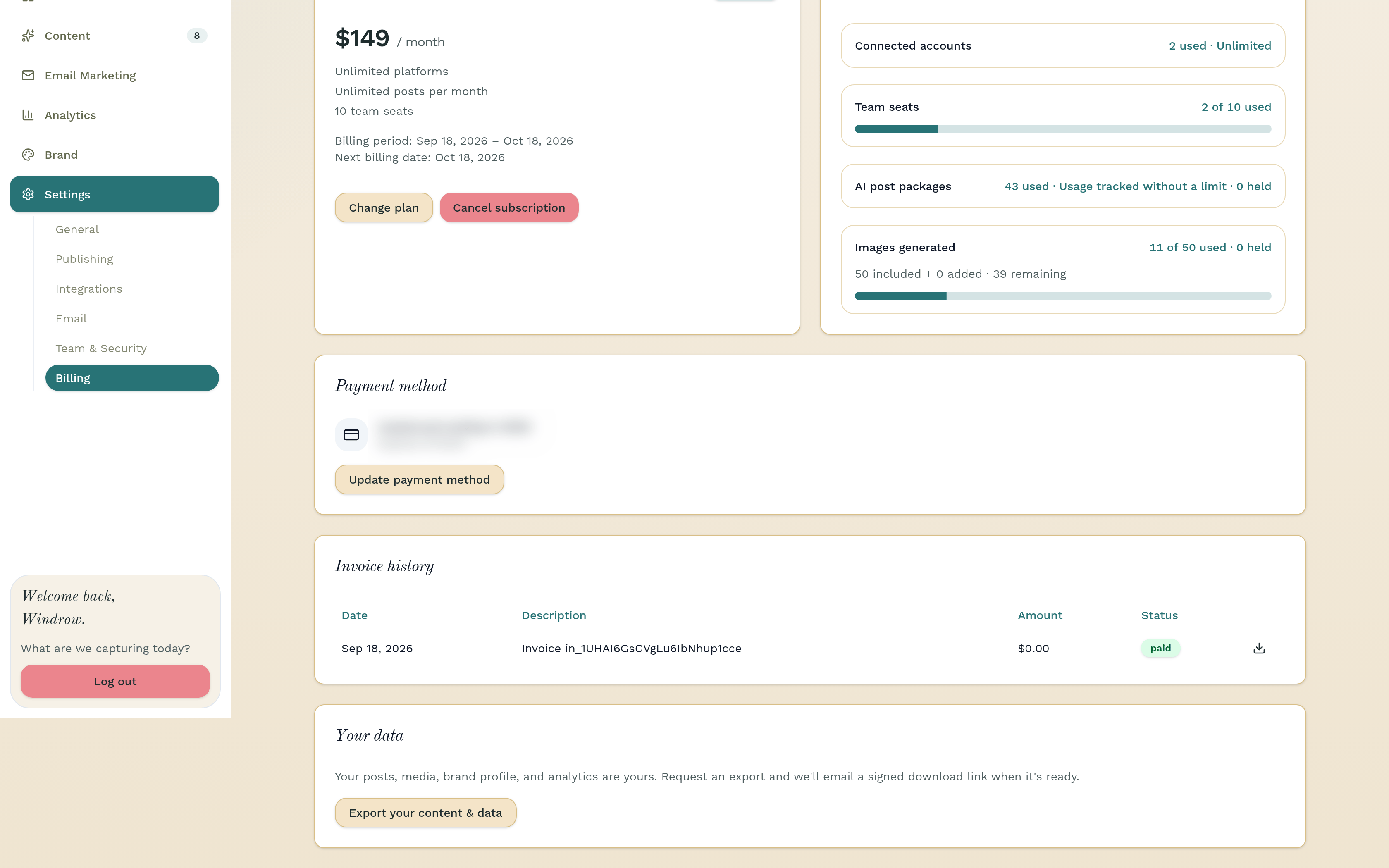 Invoice history table with the Download links