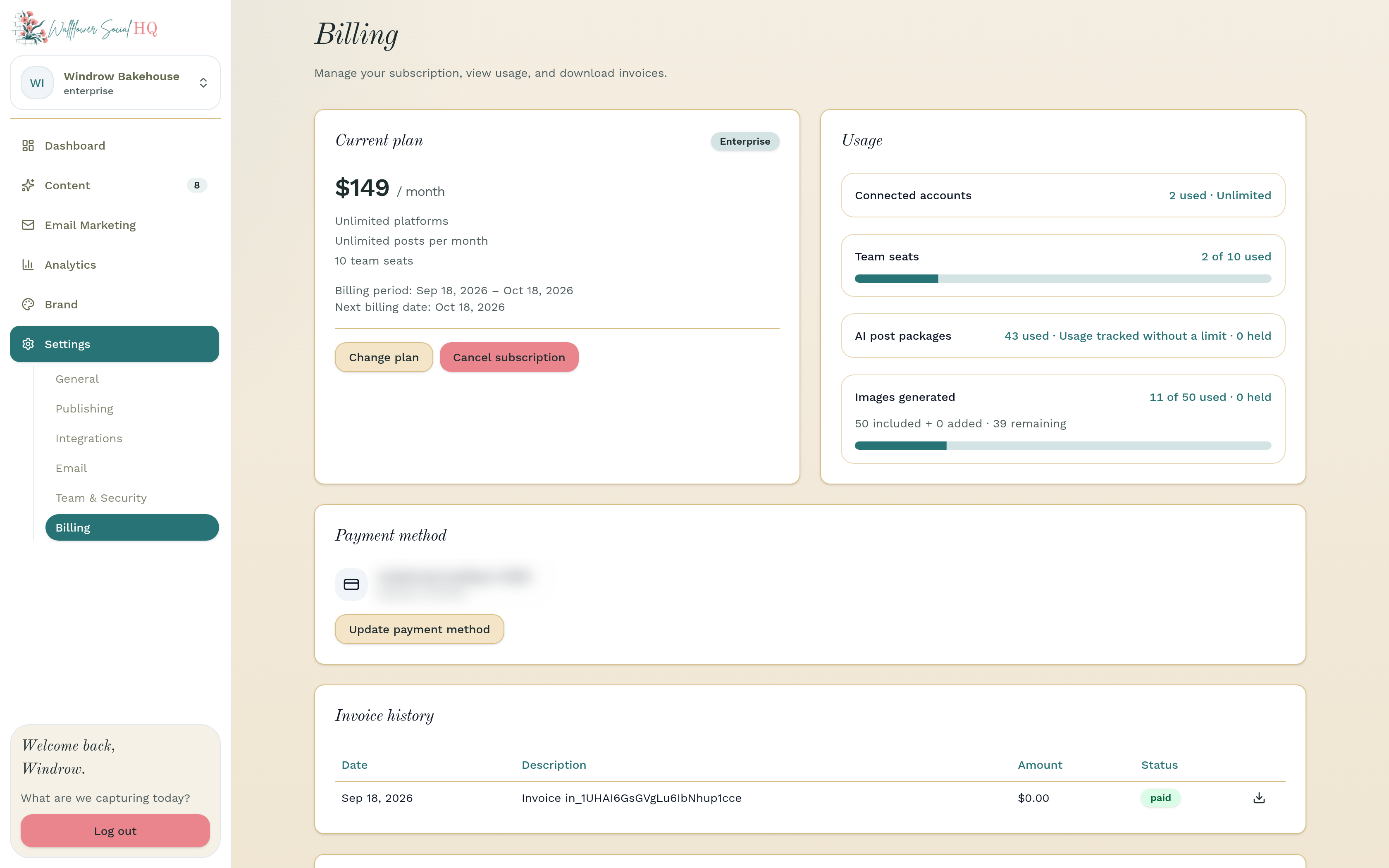 Billing page for Windrow Bakehouse with the Payment method card