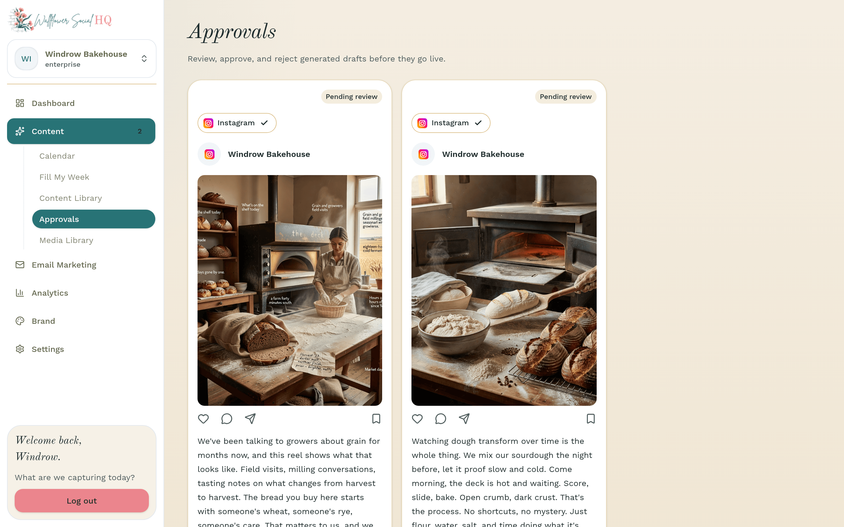 Approvals page for Windrow Bakehouse with three drafts waiting