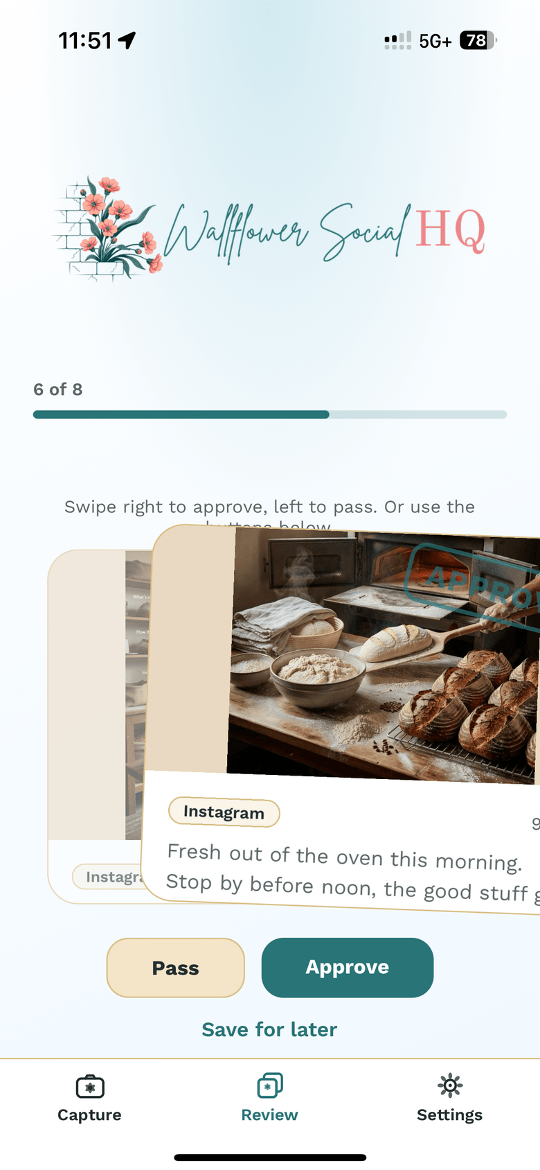 Card mid-swipe to the right with the approve badge showing