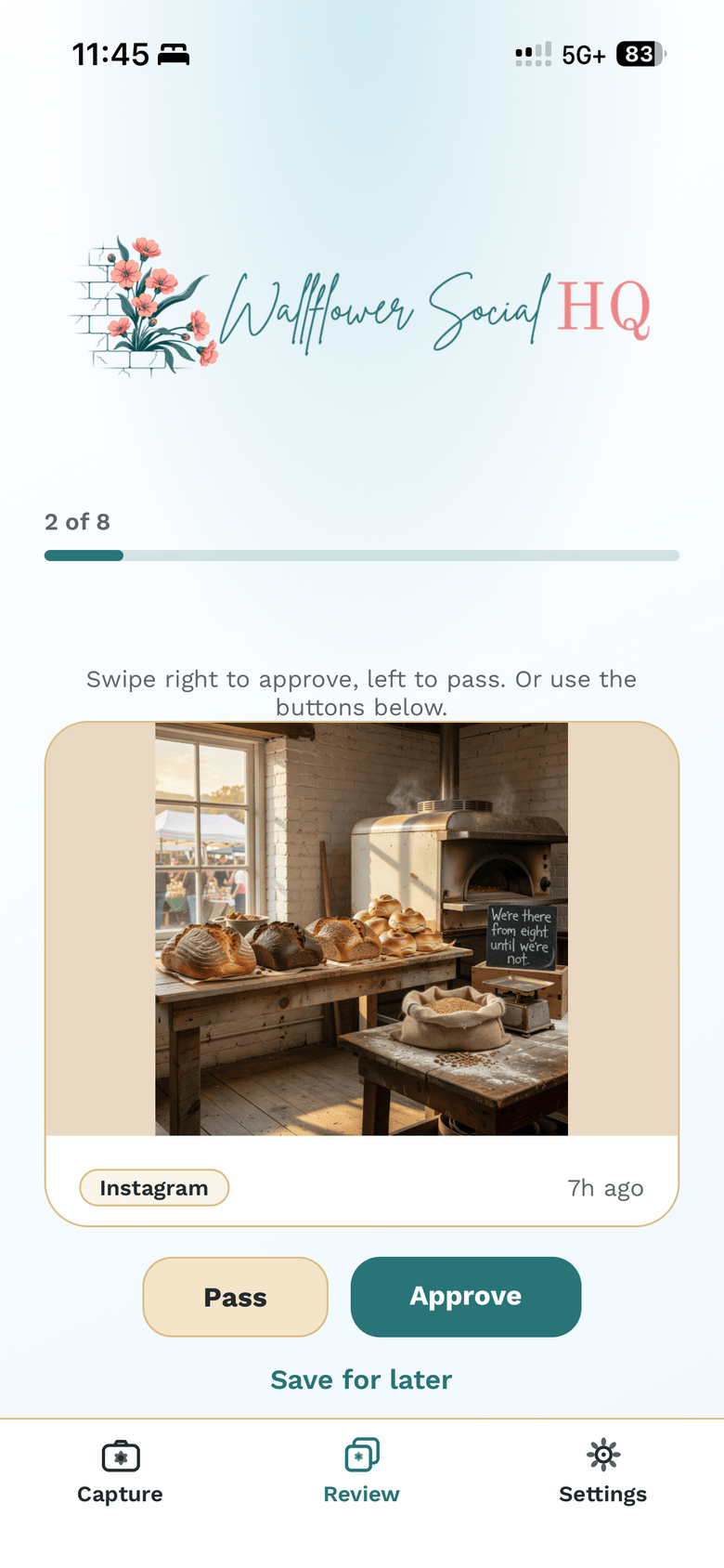 Review tab for Windrow Bakehouse with a stack of draft cards