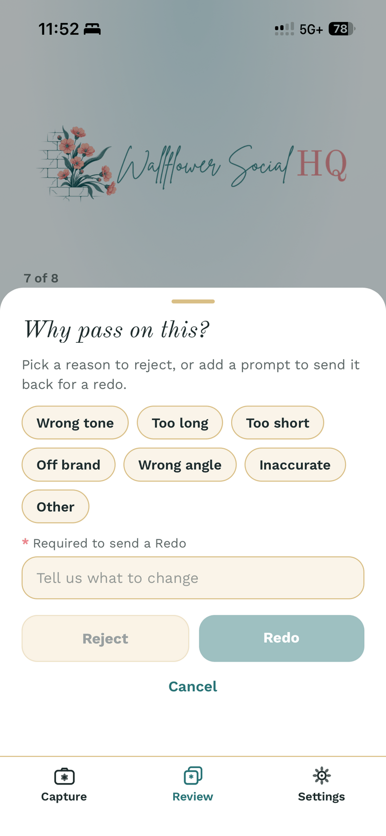 Why pass on this? sheet with reason chips, the note field, and the Reject and Redo buttons