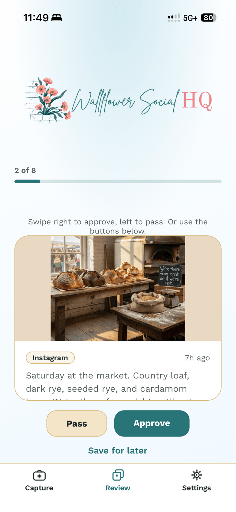 One draft card with the photo, caption, and the Pass, Approve and Save for later buttons