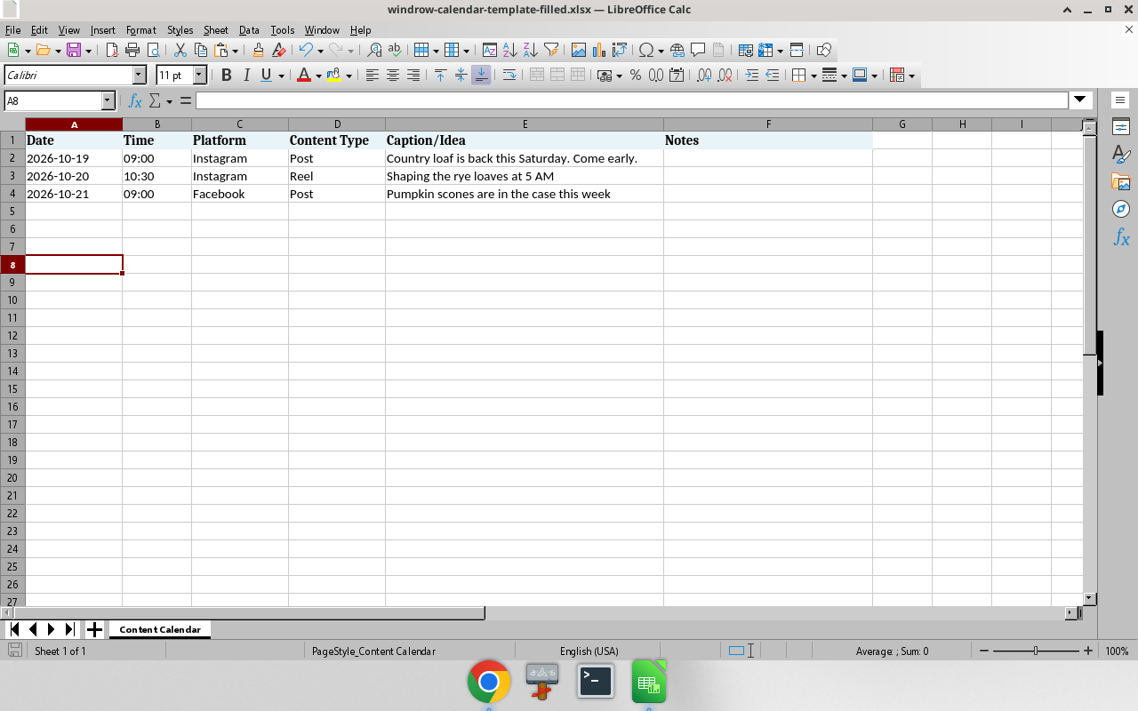 The template open in a spreadsheet with three rows of bakery posts filled in