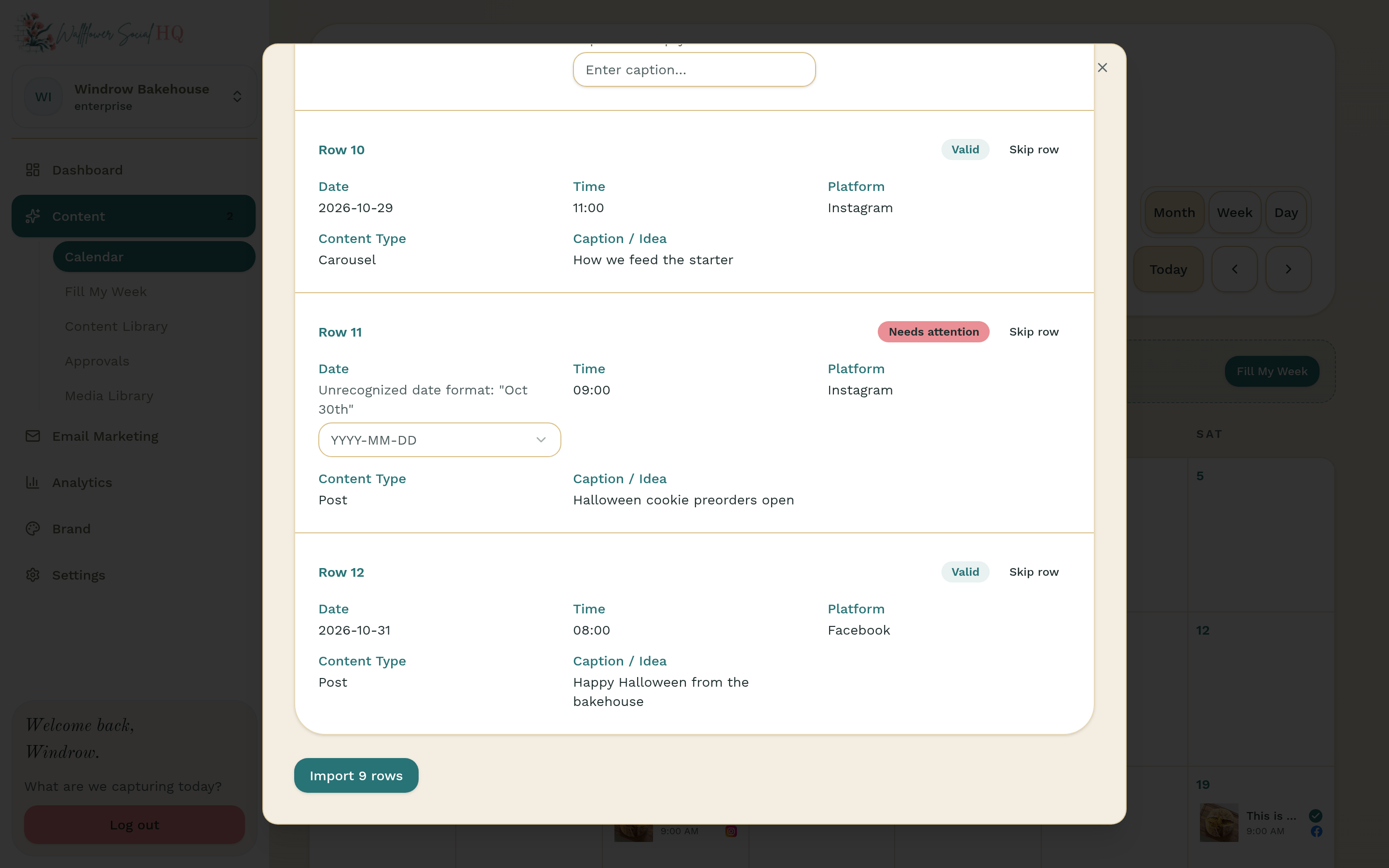 Import preview with one flagged row, the Date format picker, and the Import button showing the row count