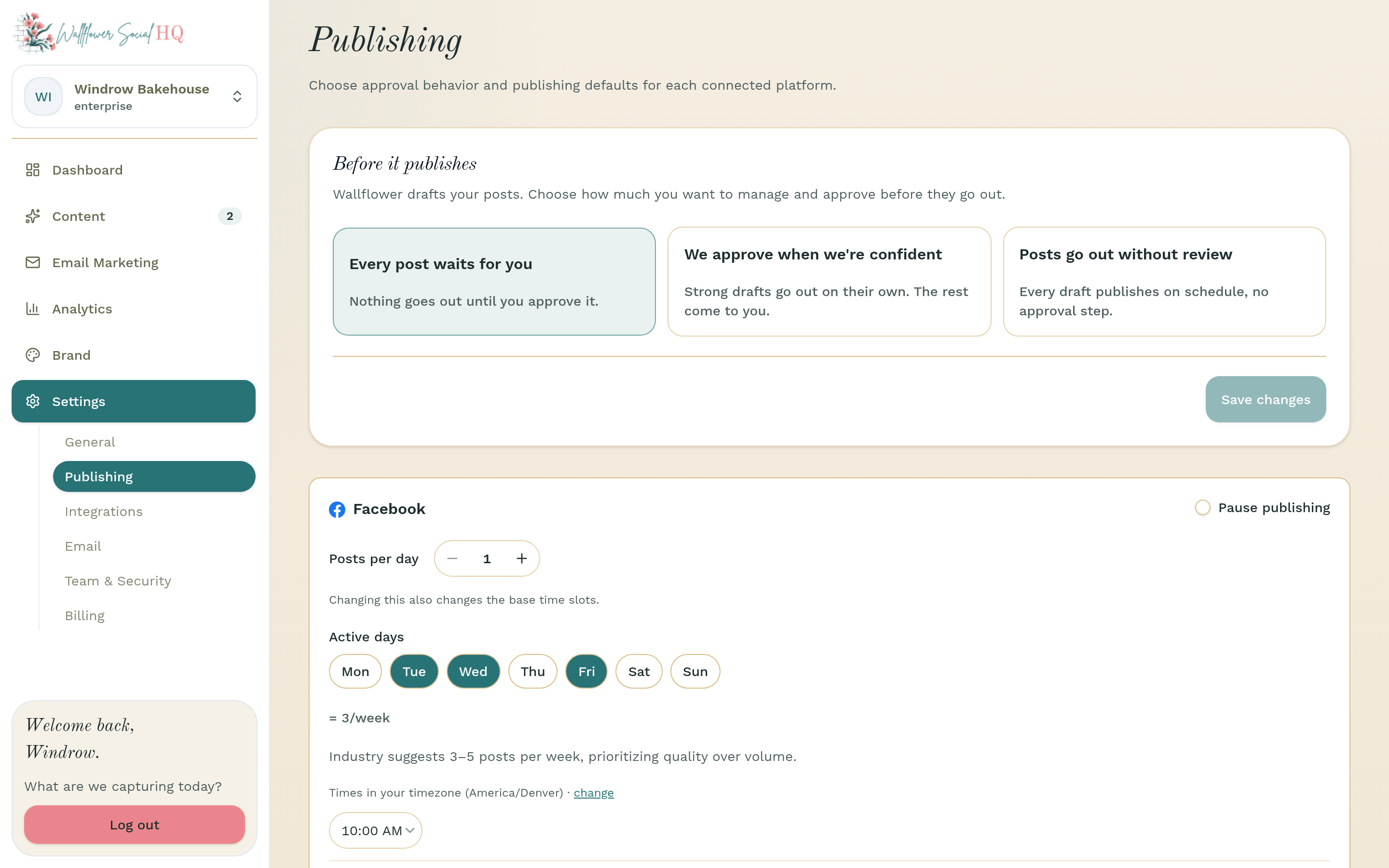 Publishing settings for Windrow Bakehouse with the Before it publishes section