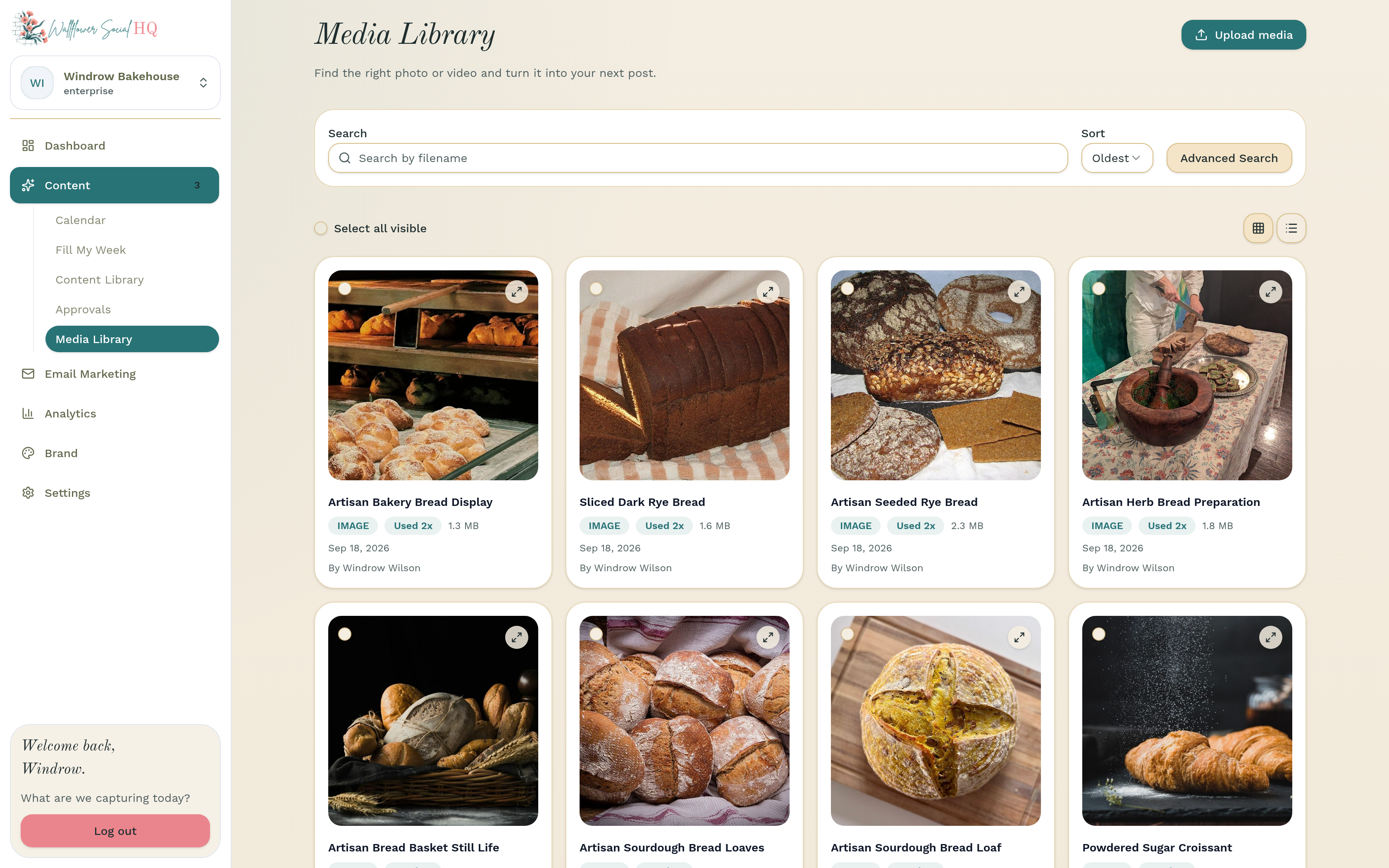 Media Library open from the Content menu, with photos from you and your team