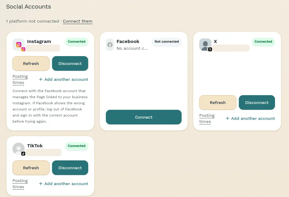 TikTok and X cards showing Connected