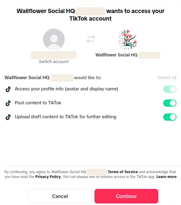 Integrations page behind the "Finish connecting TikTok in the pop-up window" notice