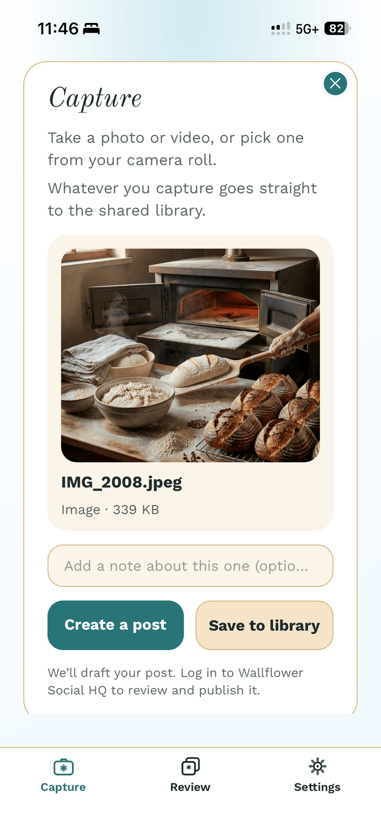 Preview with the Create a post and Save to library buttons and the hint line underneath