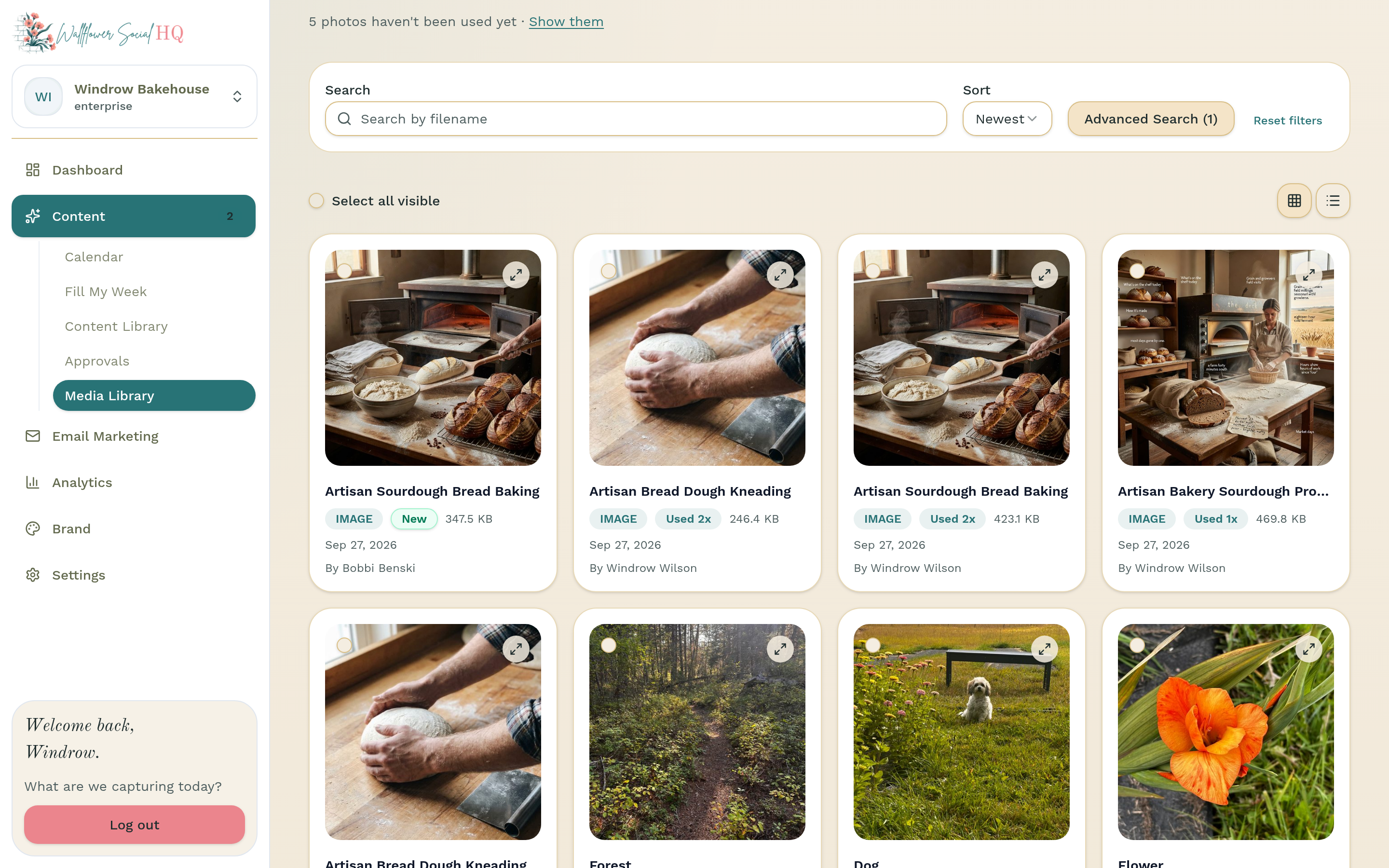 Media Library for Windrow Bakehouse with a grid of bakery photos from the team