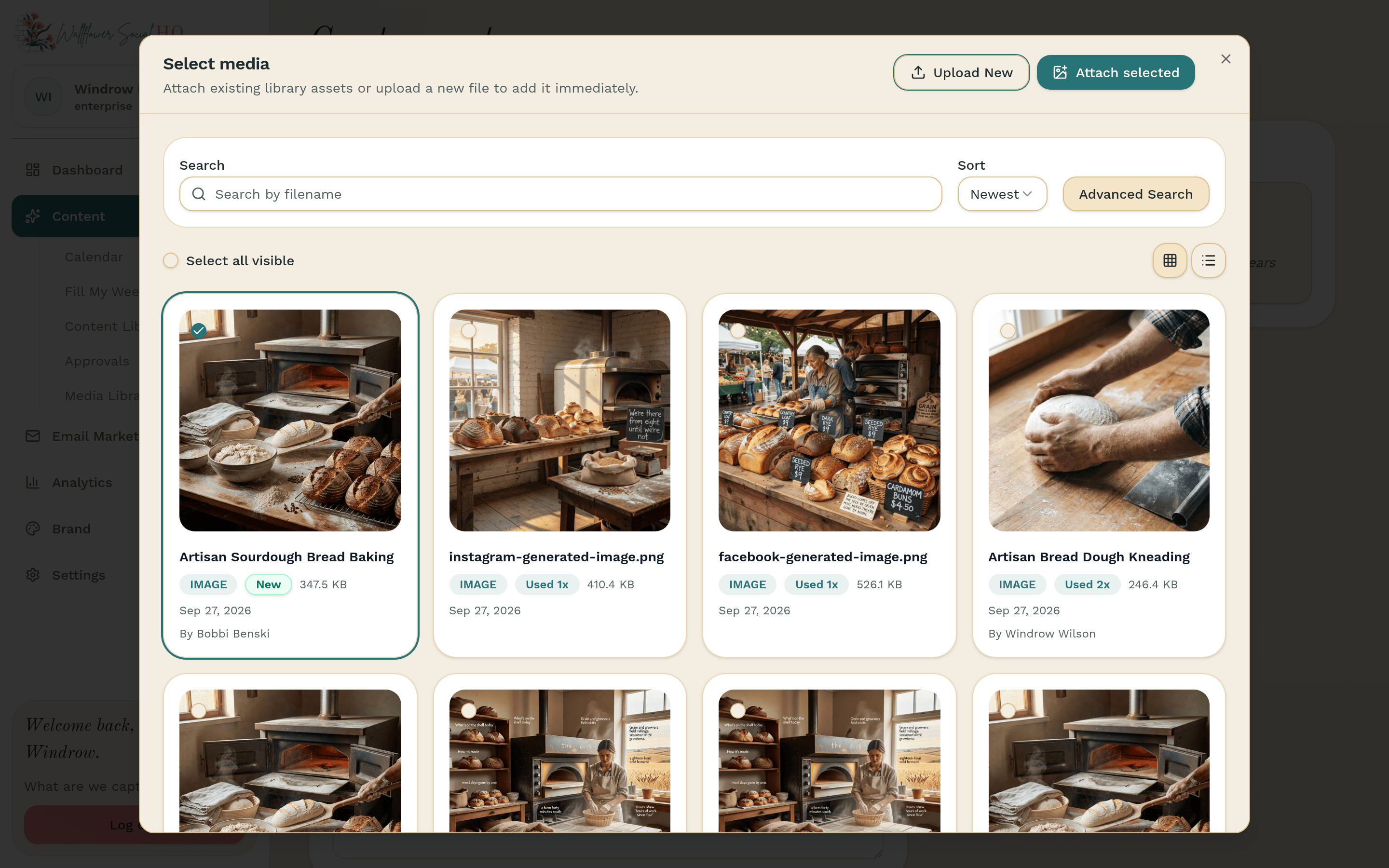 Select media dialog with one photo picked and the Attach selected button