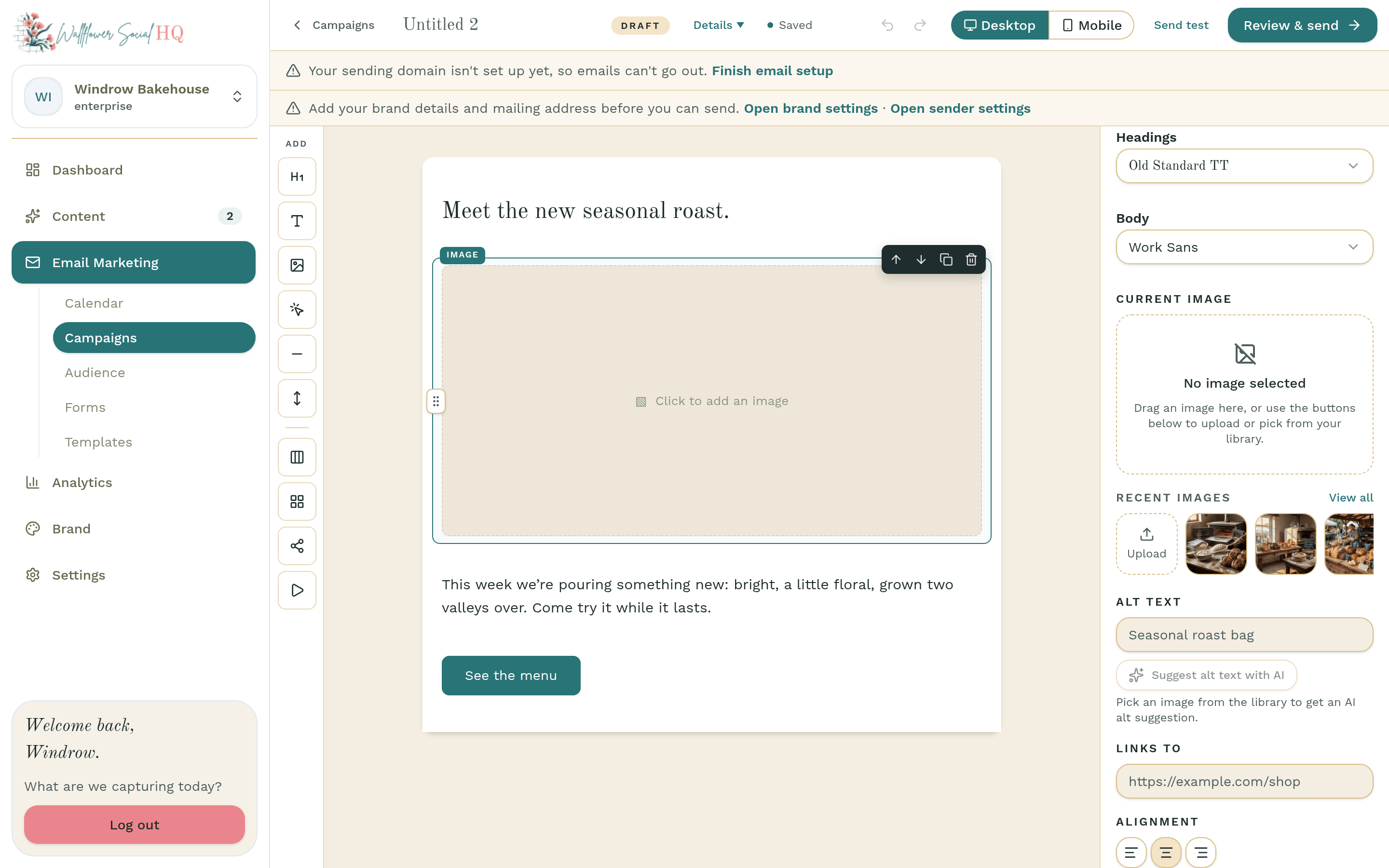 Campaign editor with an Image block selected and the Select from library button under Image source
