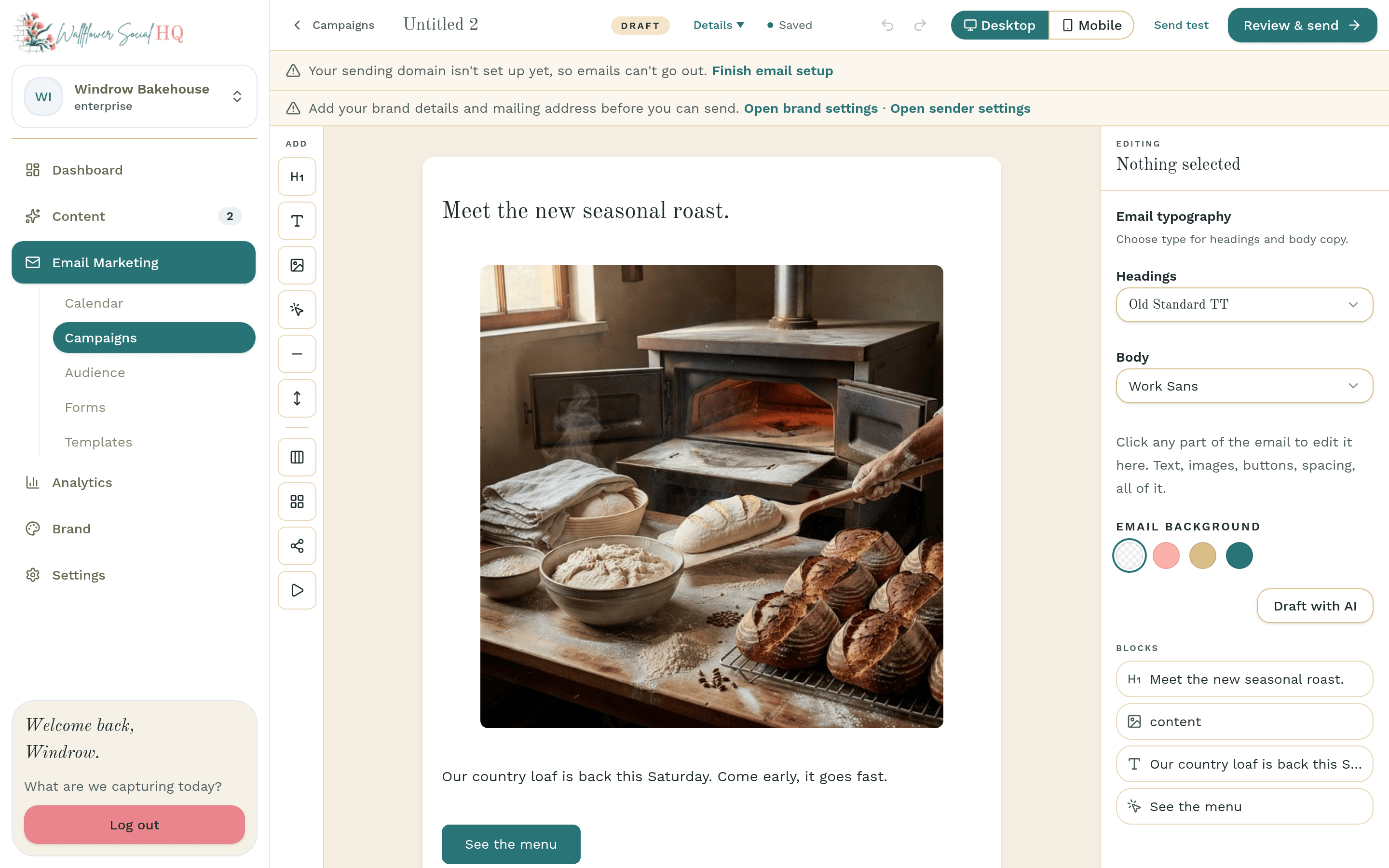Campaign editor with the photo and a Text block underneath