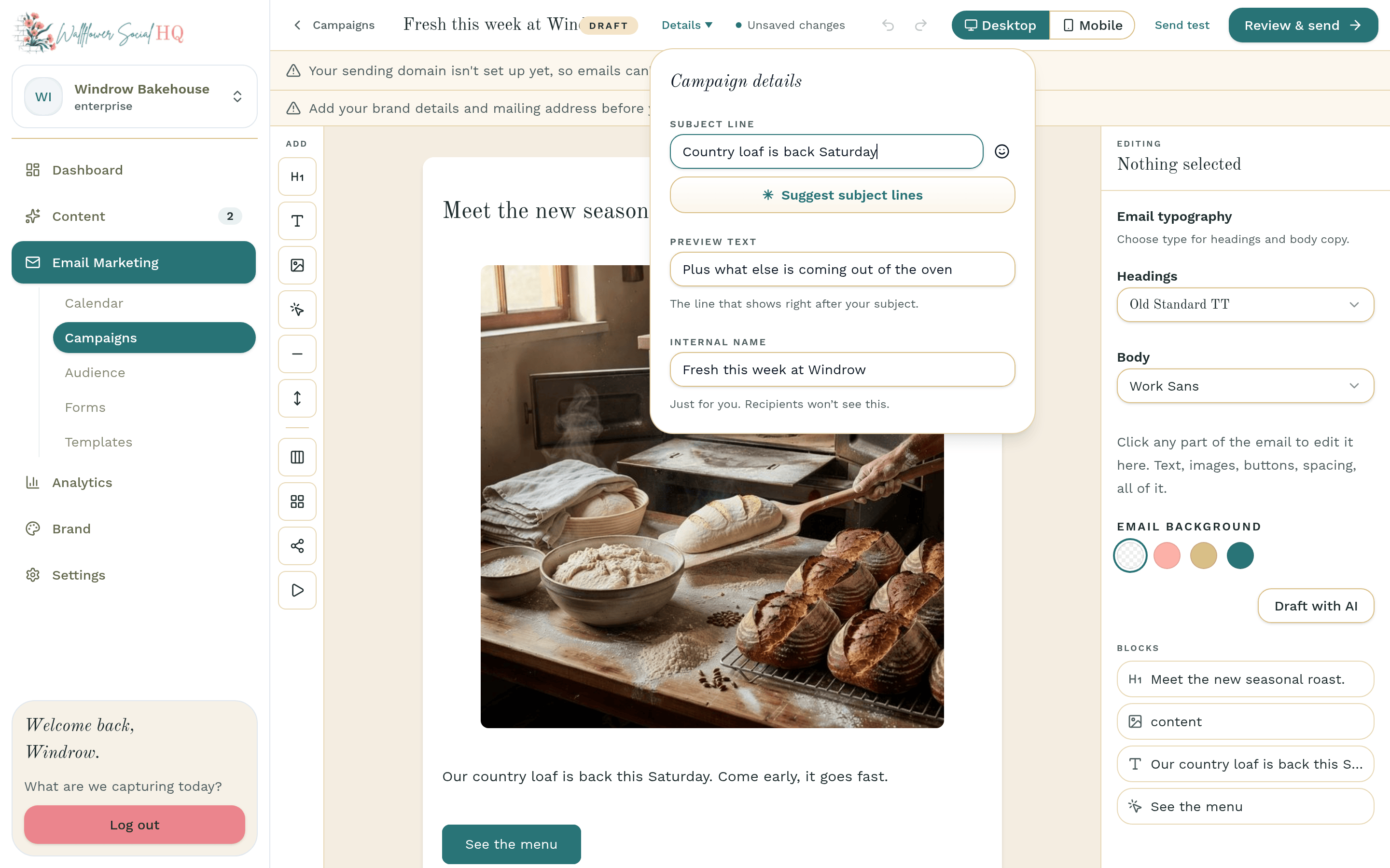 Campaign details with the campaign name, subject line and preview text filled in