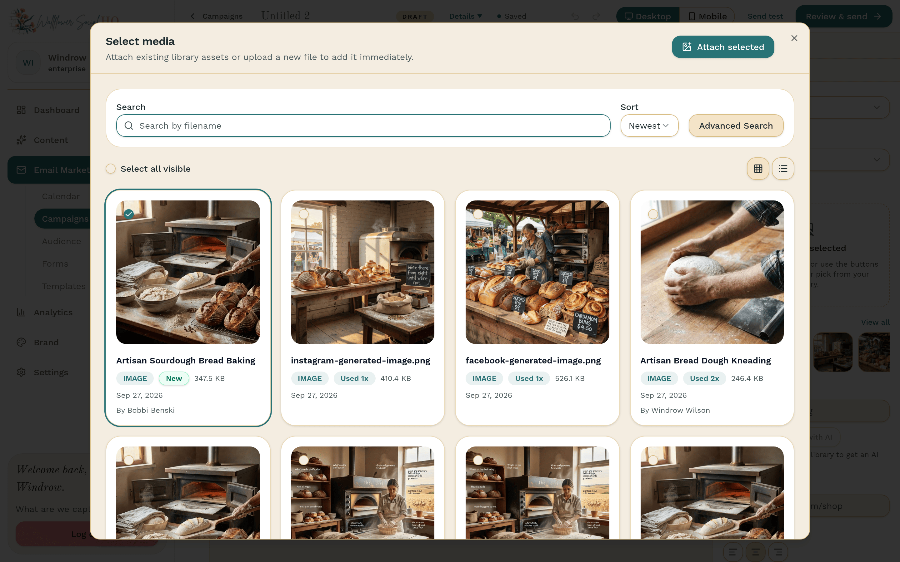 Select media dialog with one Windrow bakery photo selected and the Attach selected button