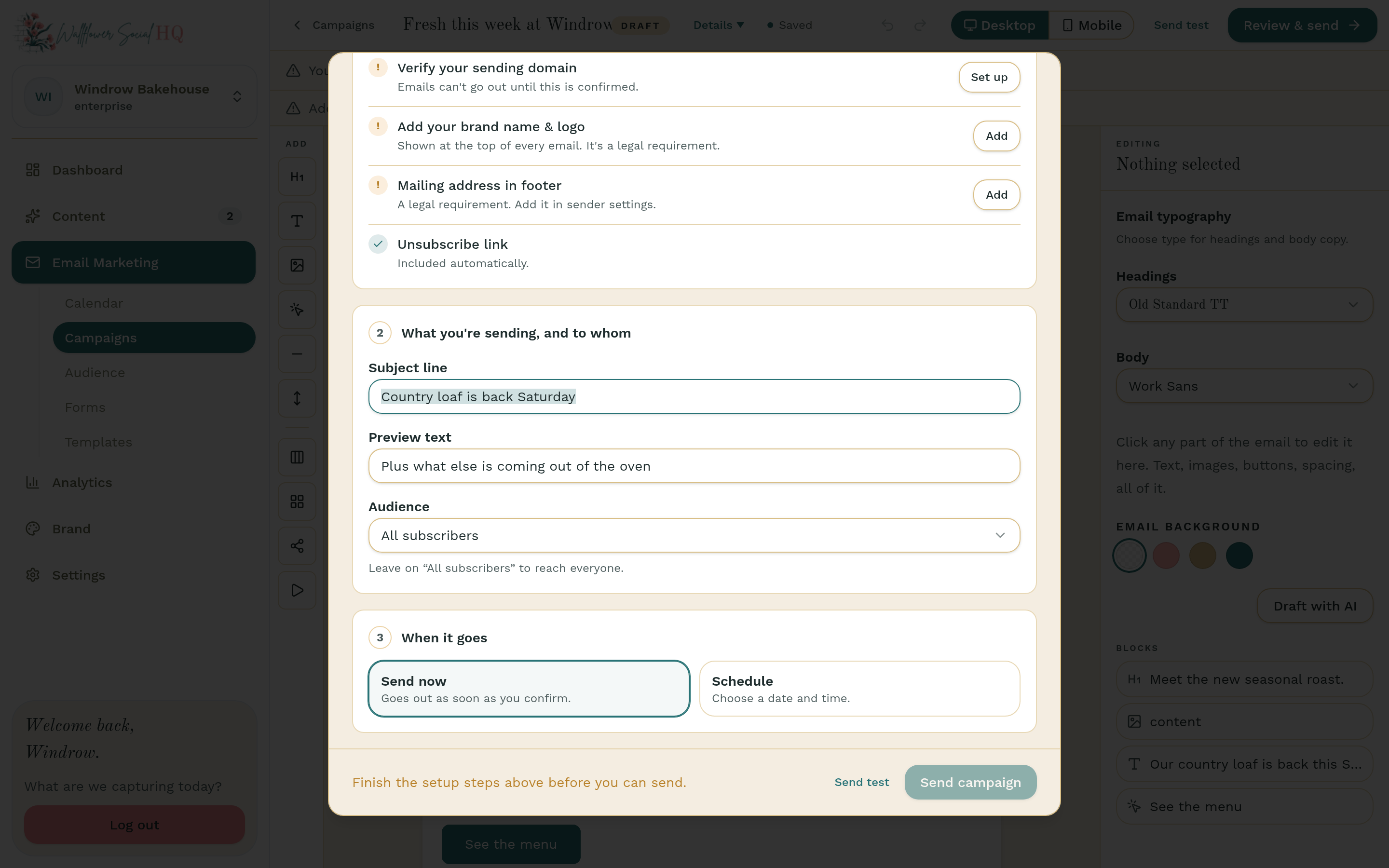 Review & send sheet with the checklist, audience and timing