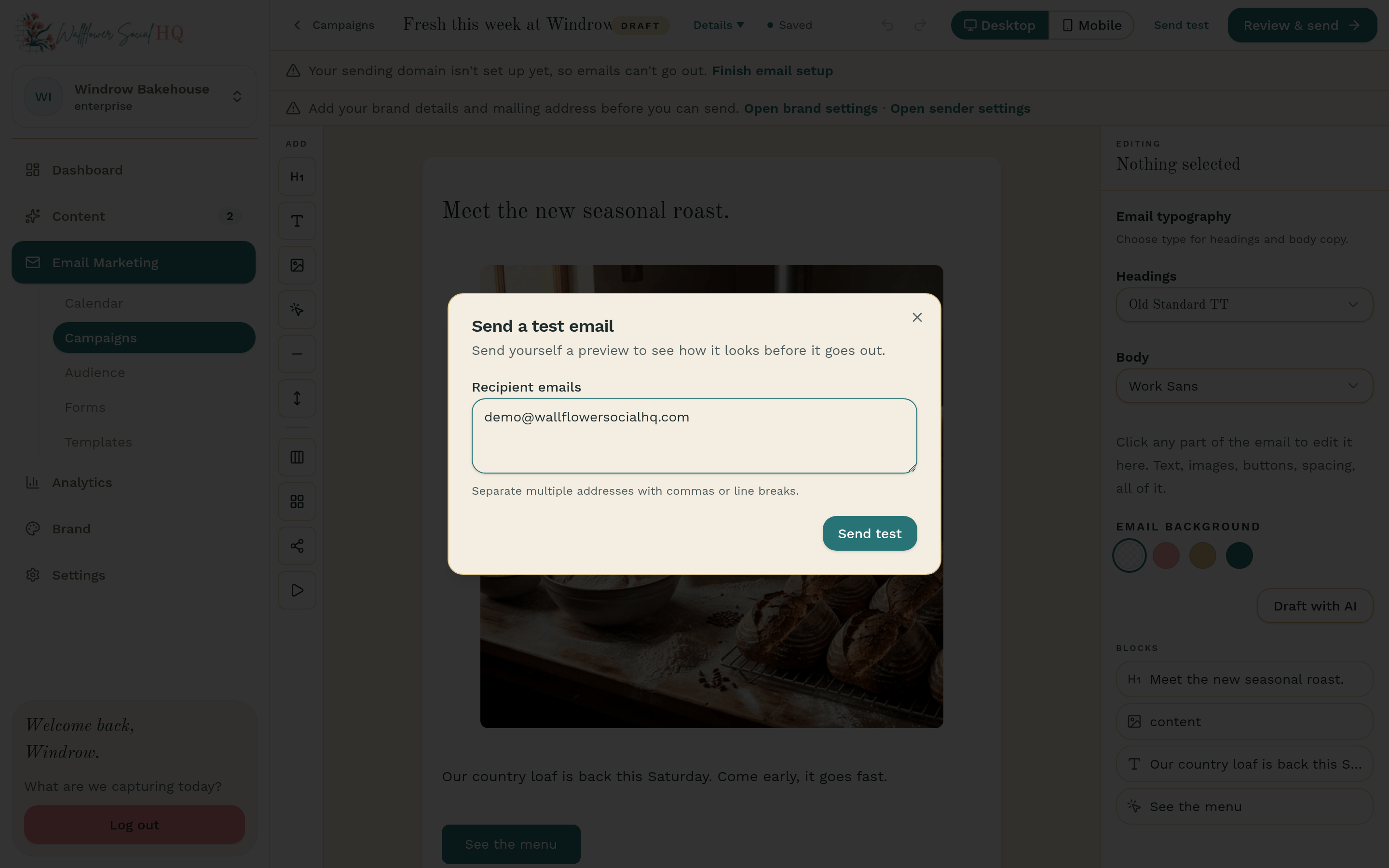 Send a test email dialog with one demo address