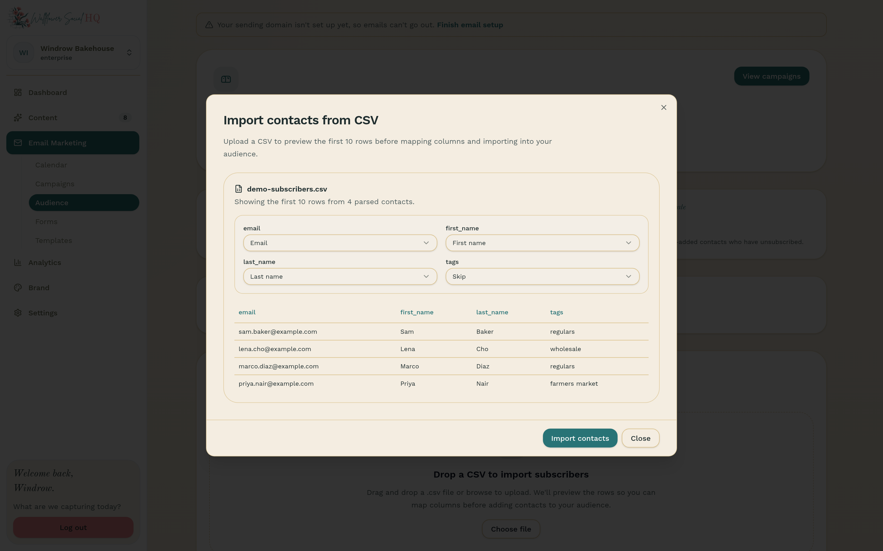 Import preview with the columns matched