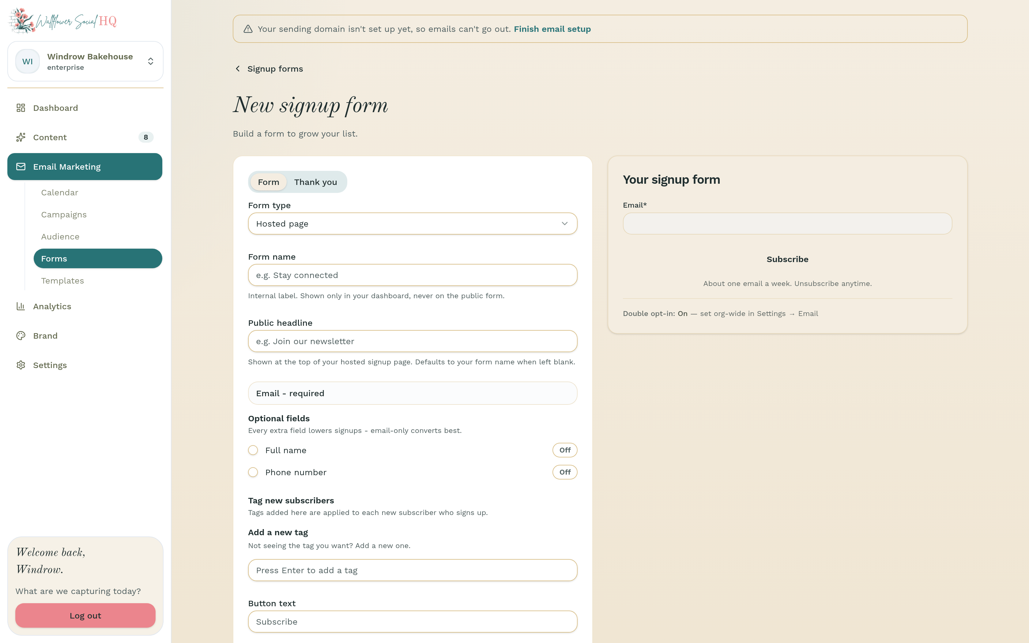 Signup form builder with the Form tab open and a live preview