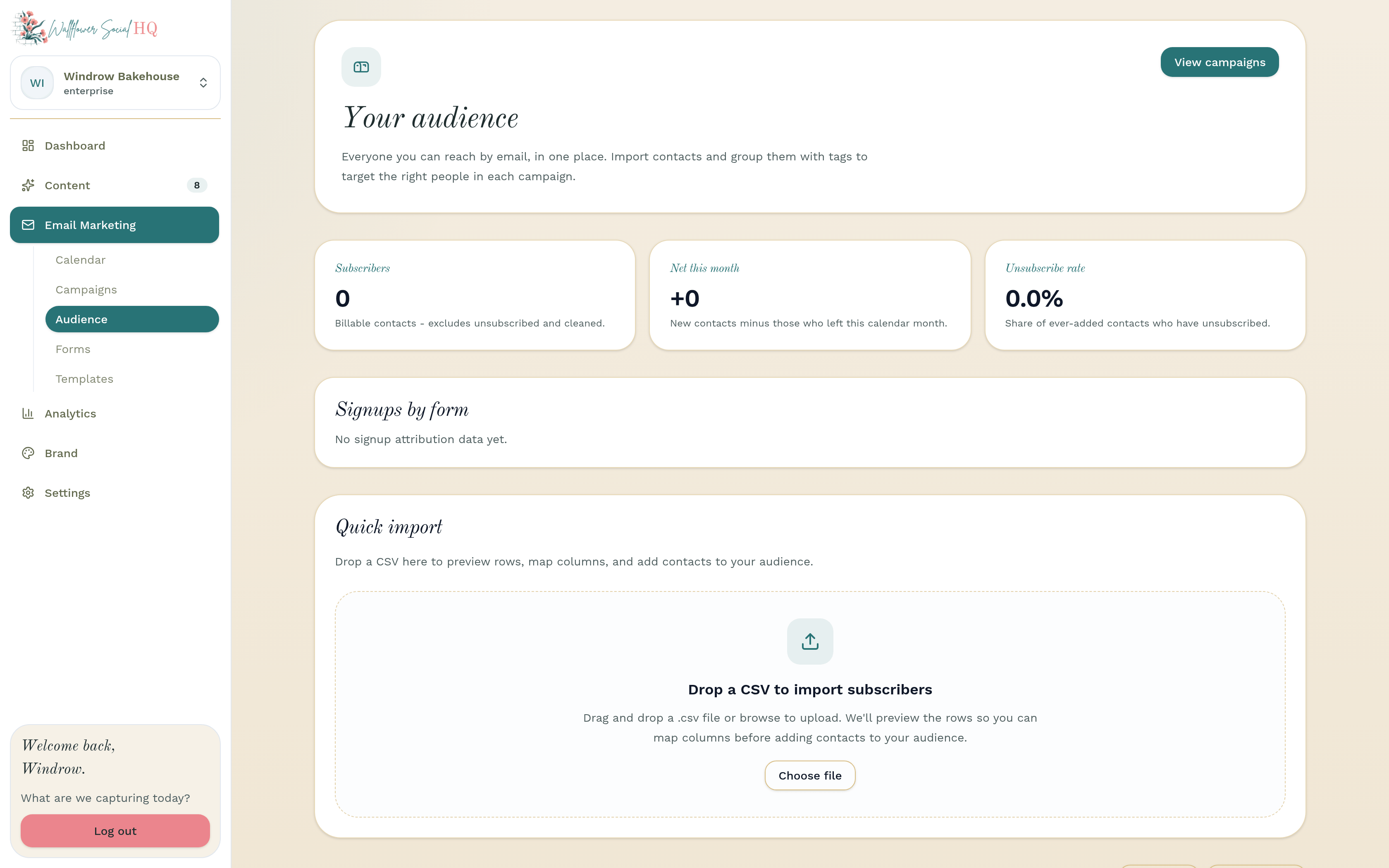 Your audience page for Windrow Bakehouse with the three stat cards and the contacts list