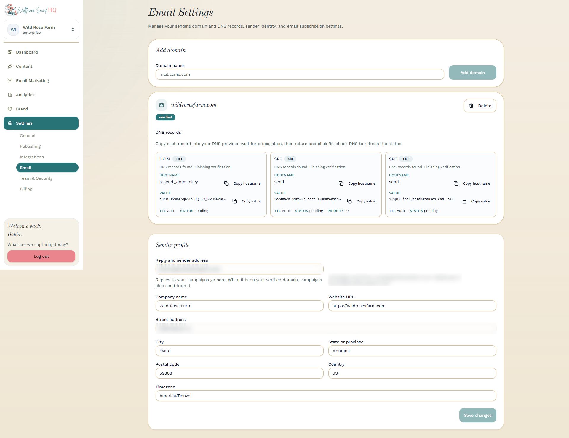 Email settings for Windrow Bakehouse with the sender profile filled in