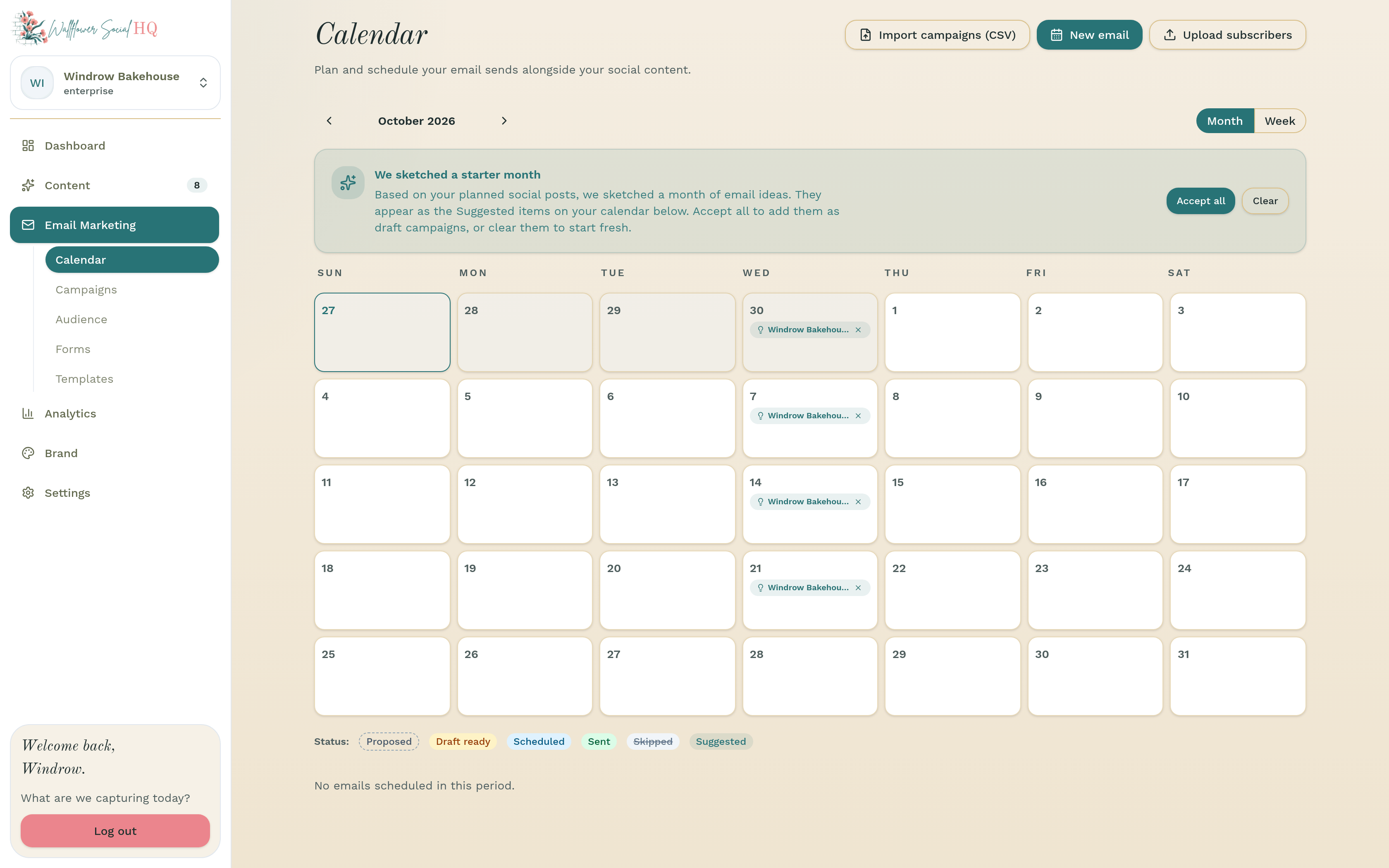 Email calendar header with New email, Import campaigns (CSV) and Upload subscribers