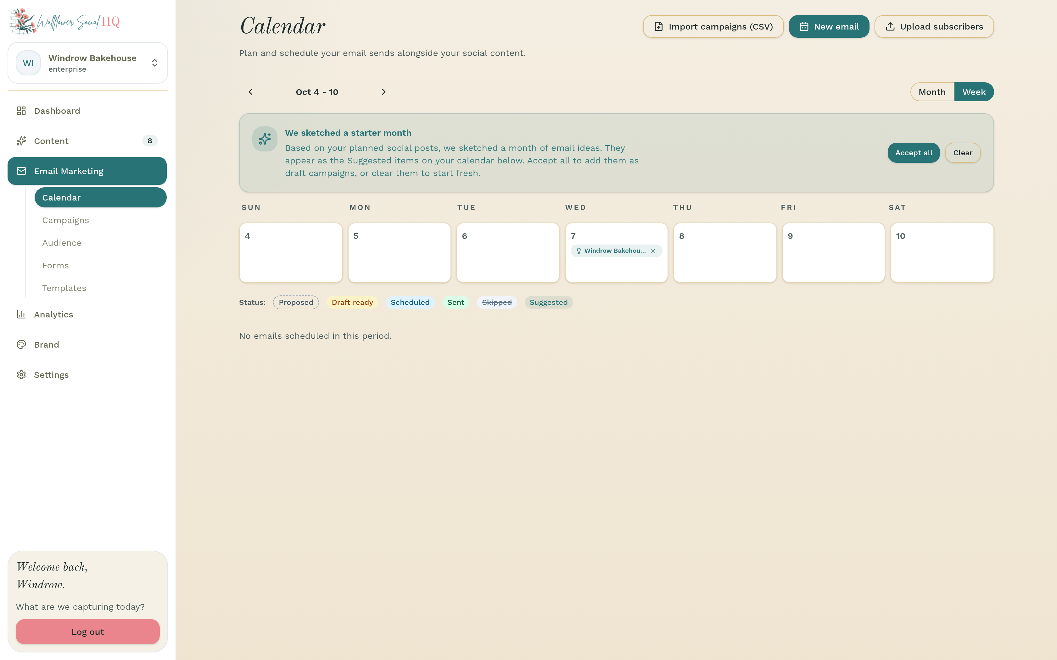 Email calendar week of Oct 4 to 10 with Draft ready and Scheduled emails and the Review button