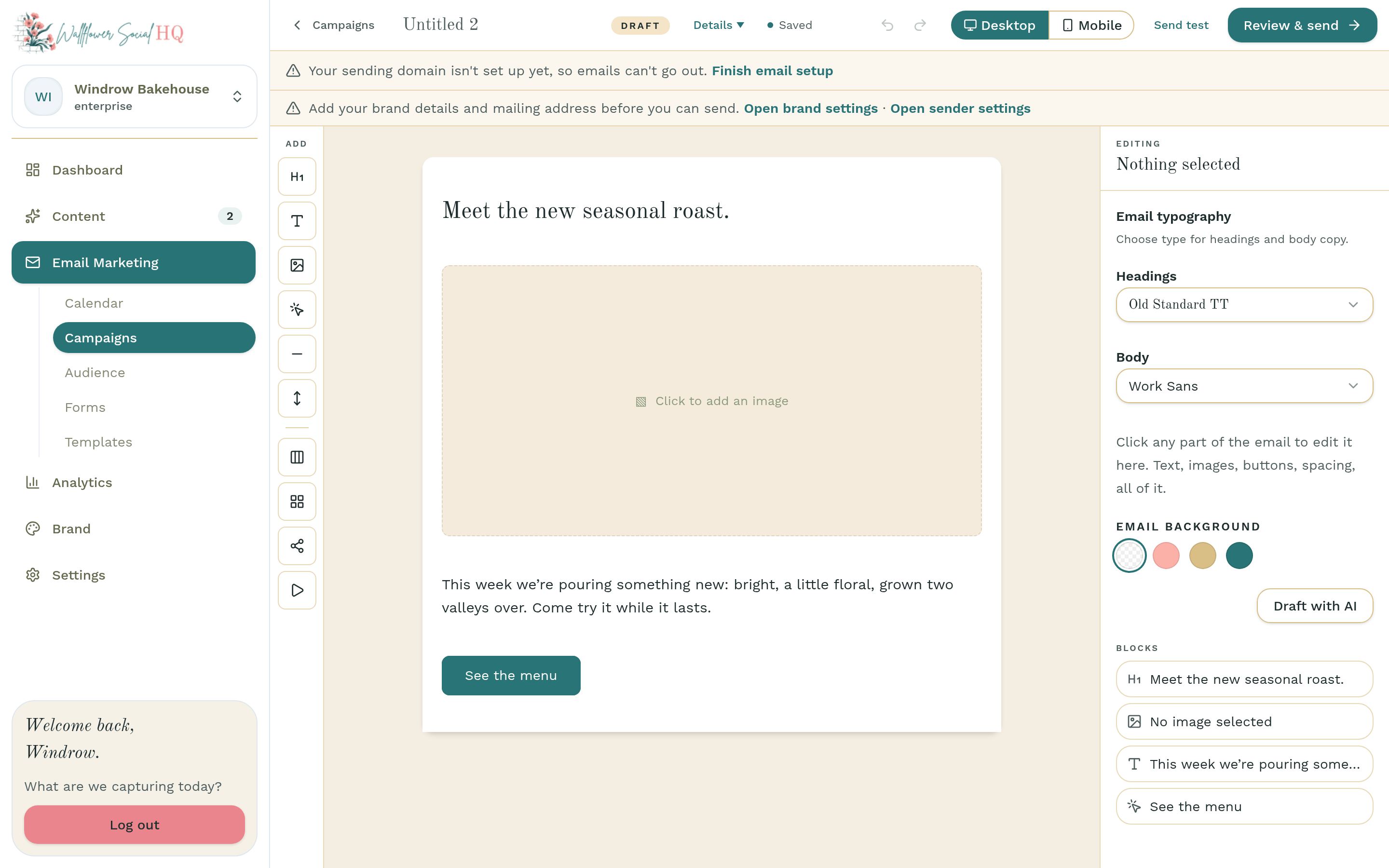 Campaign editor with the Add rail on the left and a template open on the canvas