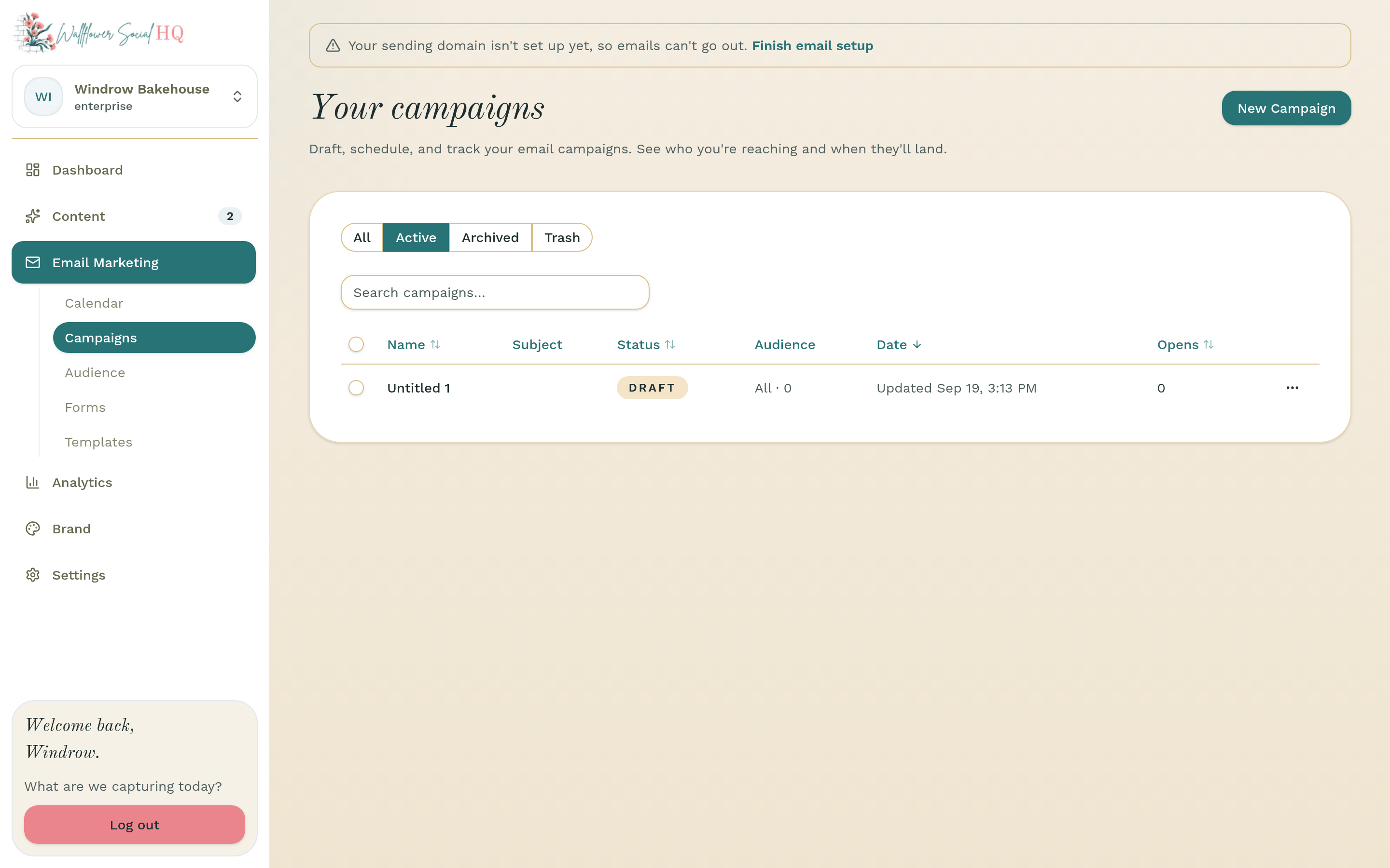 Your campaigns page for Windrow Bakehouse with the New Campaign button