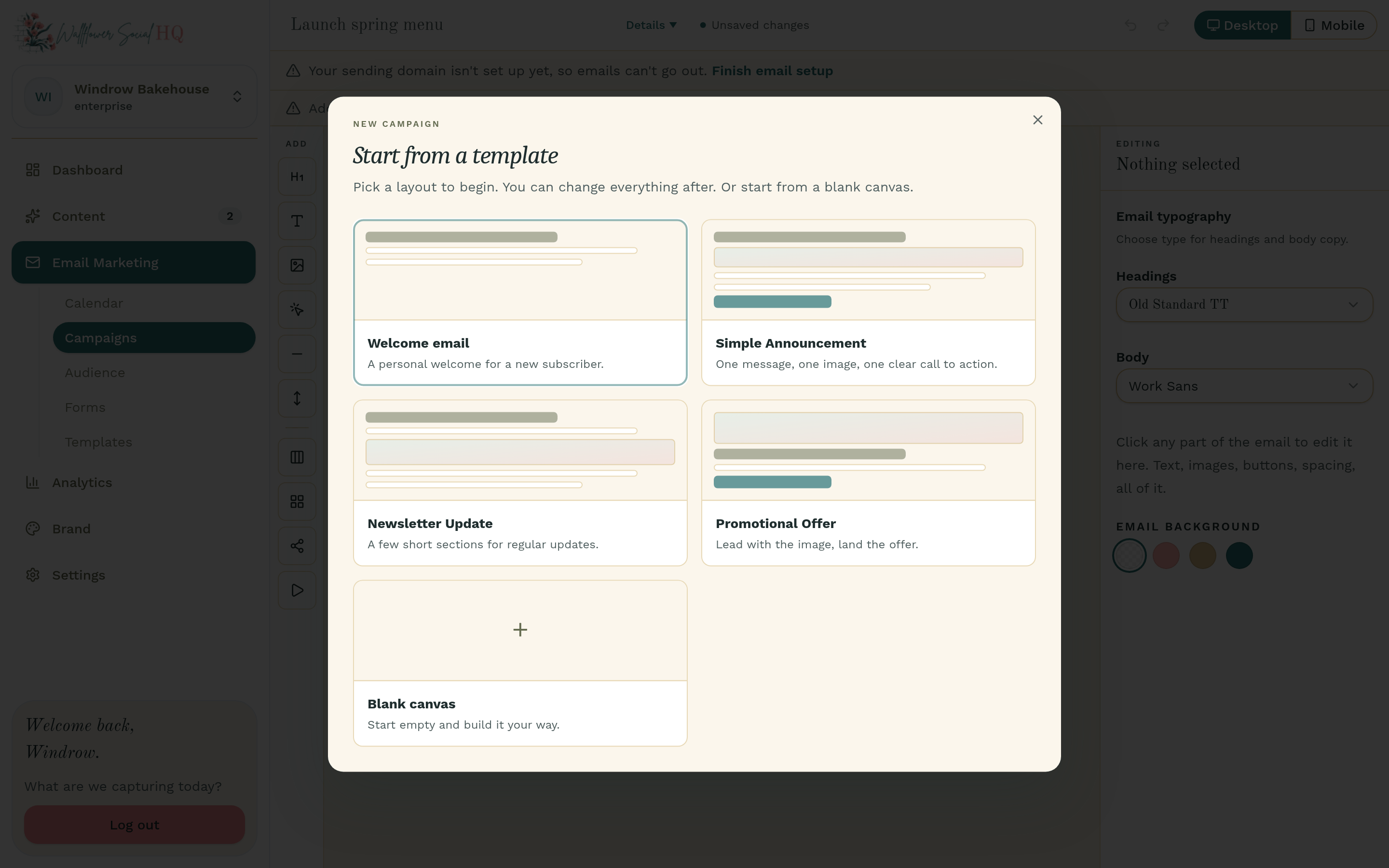 Start from a template dialog with the four layouts and Blank canvas