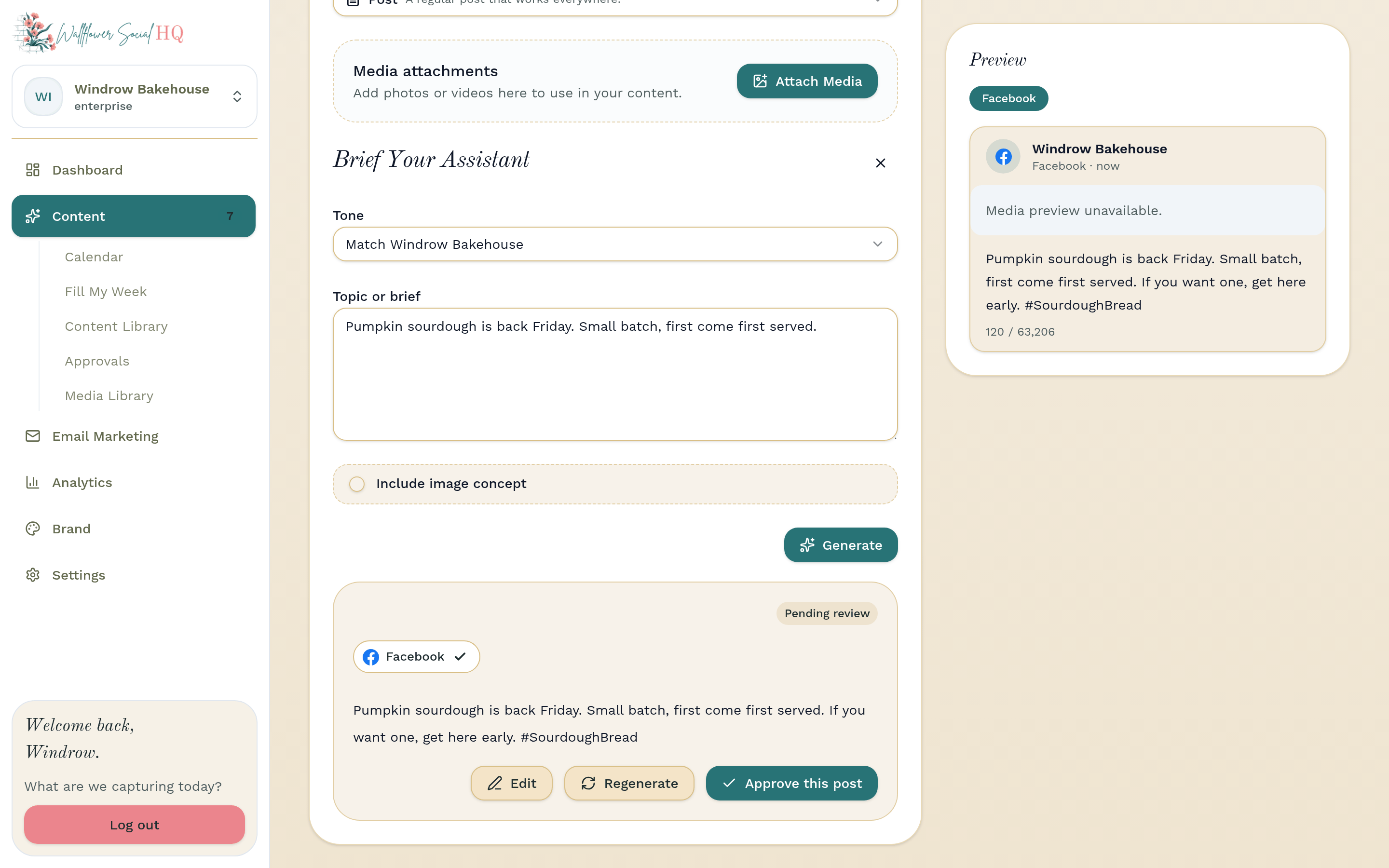 Composer with the generated caption and the Preview panel showing the Instagram version