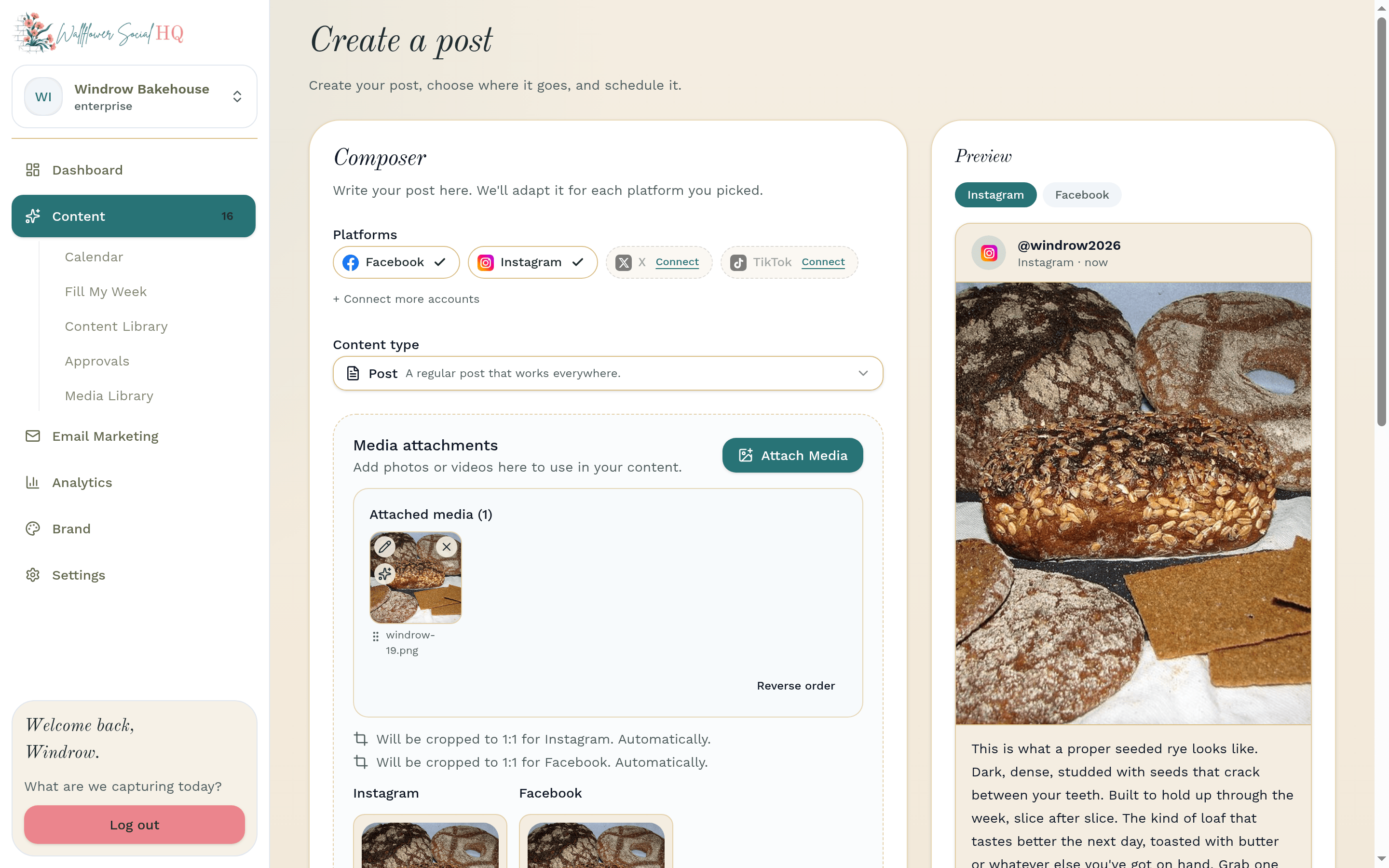 Create a post page for Windrow Bakehouse with the Generate with AI button at the top