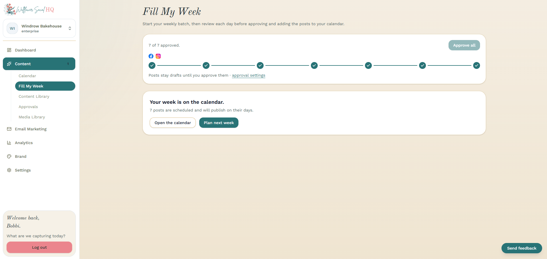 "Your week is on the calendar." with Open the calendar and Plan next week