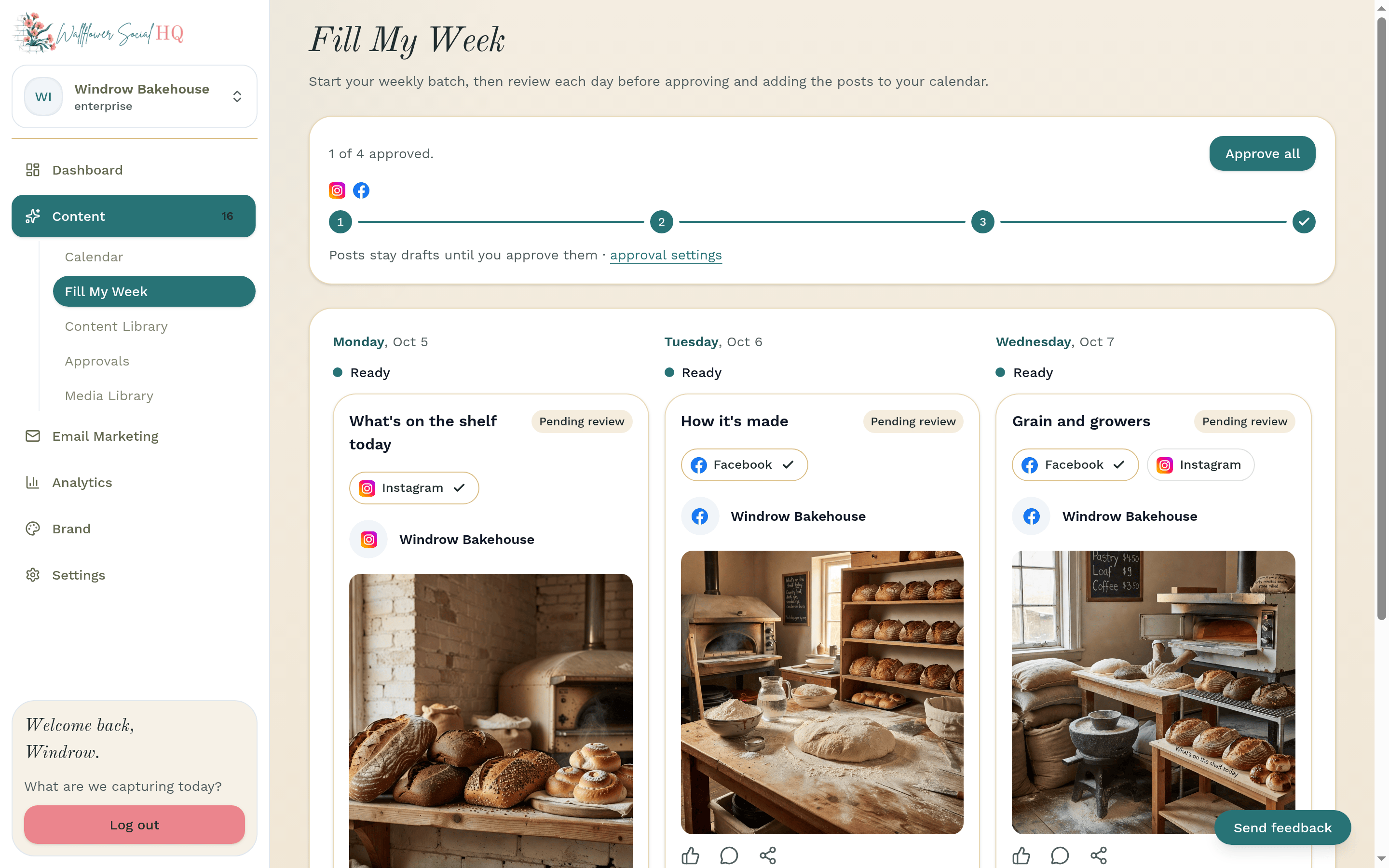Fill My Week start panel for Windrow Bakehouse