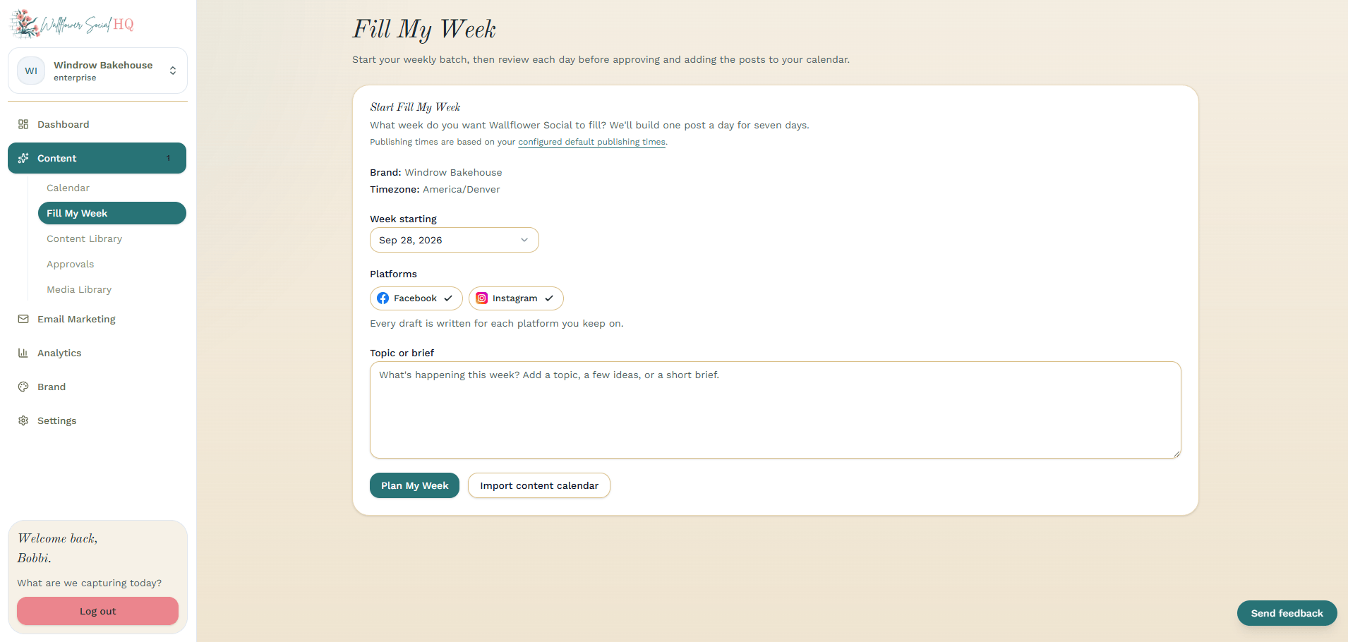 Start panel with Week starting set to Sun Oct 4, Facebook and Instagram on, and a one-line brief