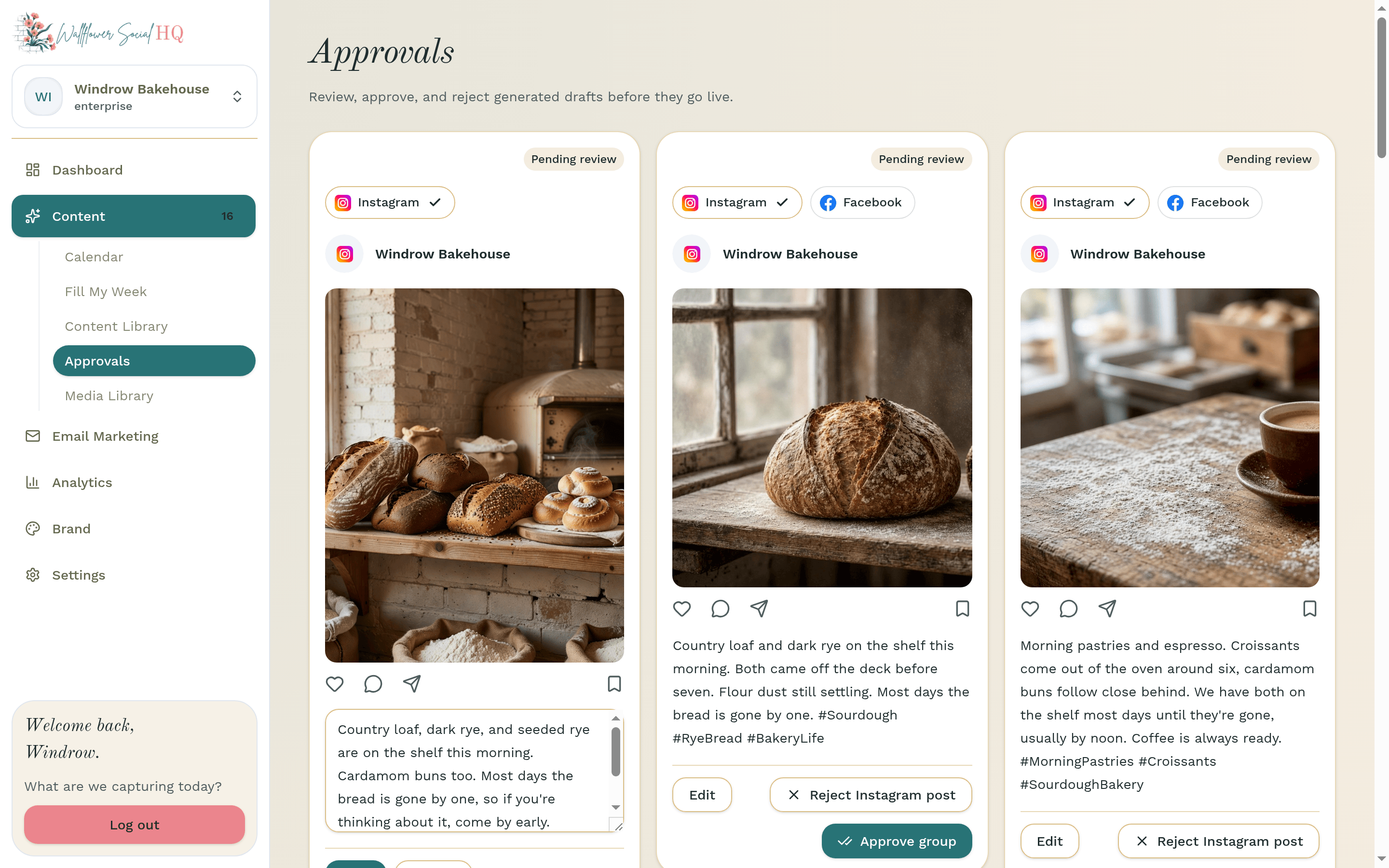 A caption open for editing on the Approvals page with the Save and Cancel buttons