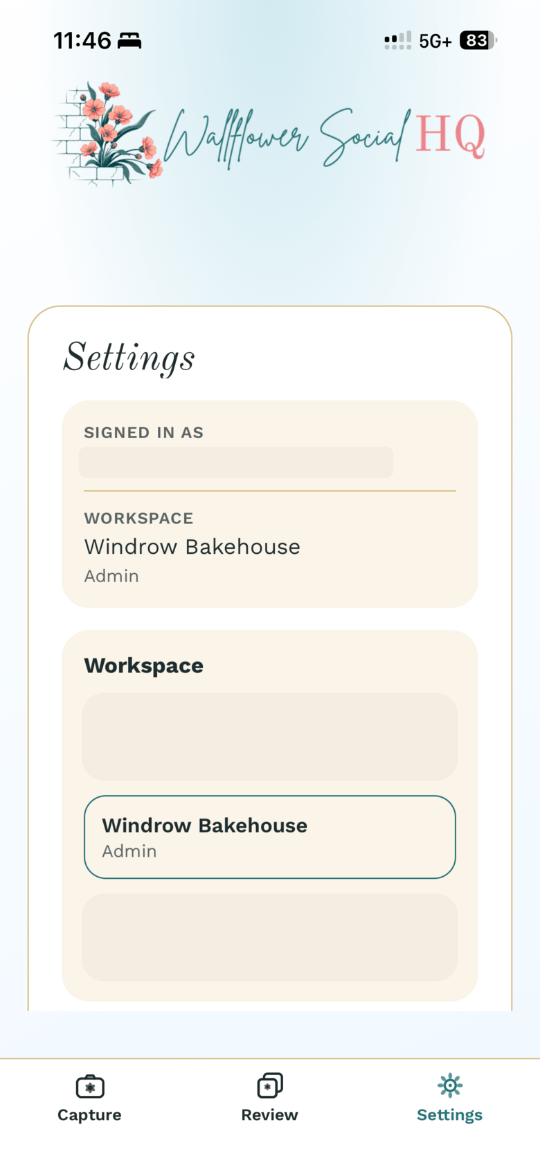 Settings tab showing "Signed in as", the Workspace picker set to Windrow Bakehouse, and Notifications