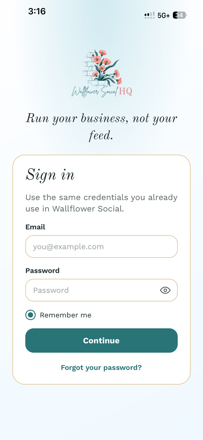 Companion app Sign in screen with the Email and Password fields