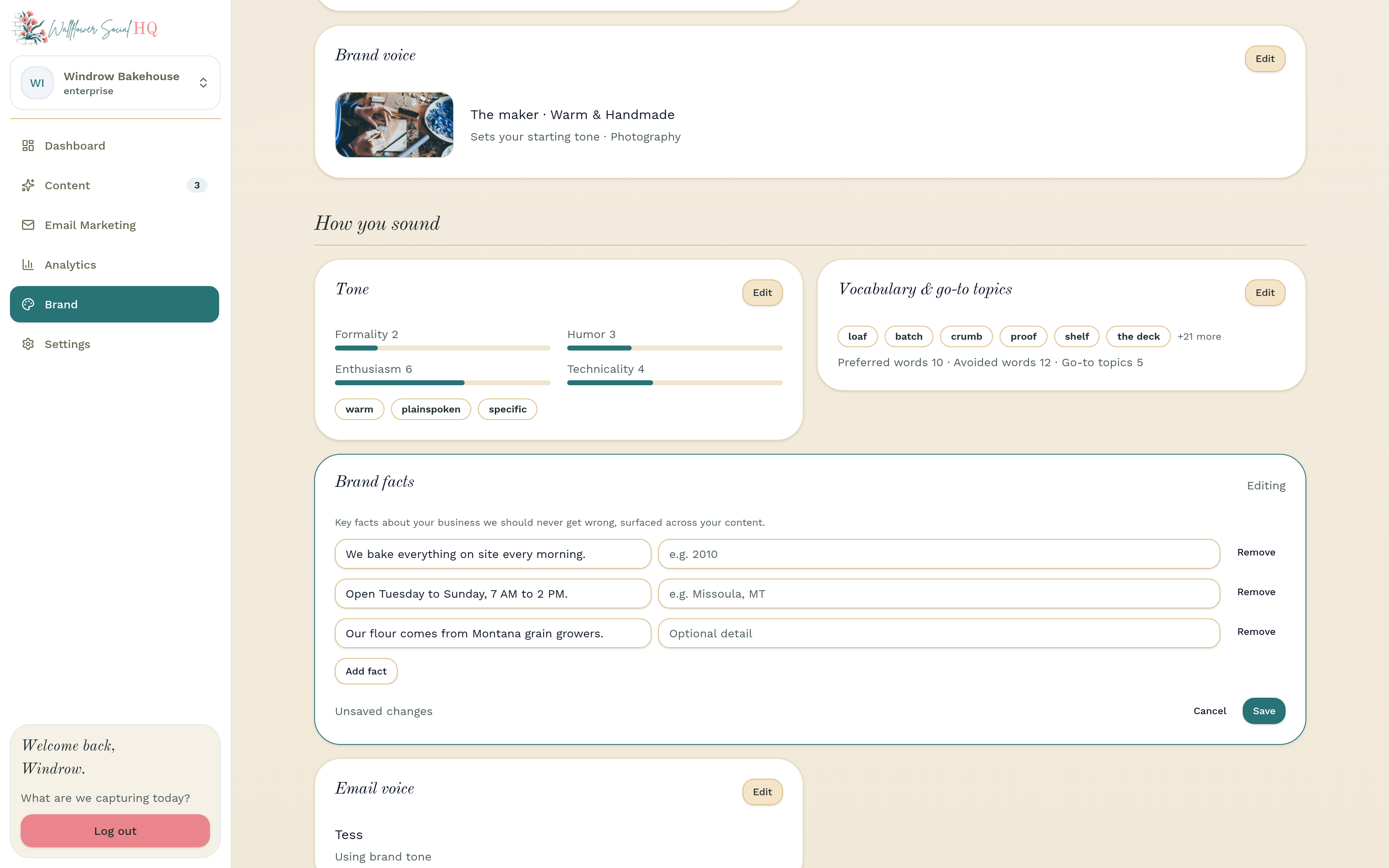 Sample content card with two text samples and the Brand facts card with three facts