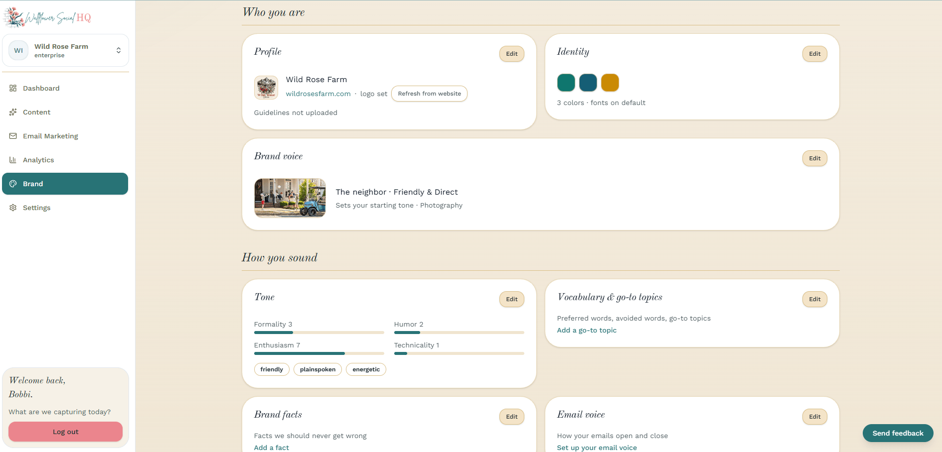 Profile card in edit mode for Windrow Bakehouse with the website URL and logo filled in